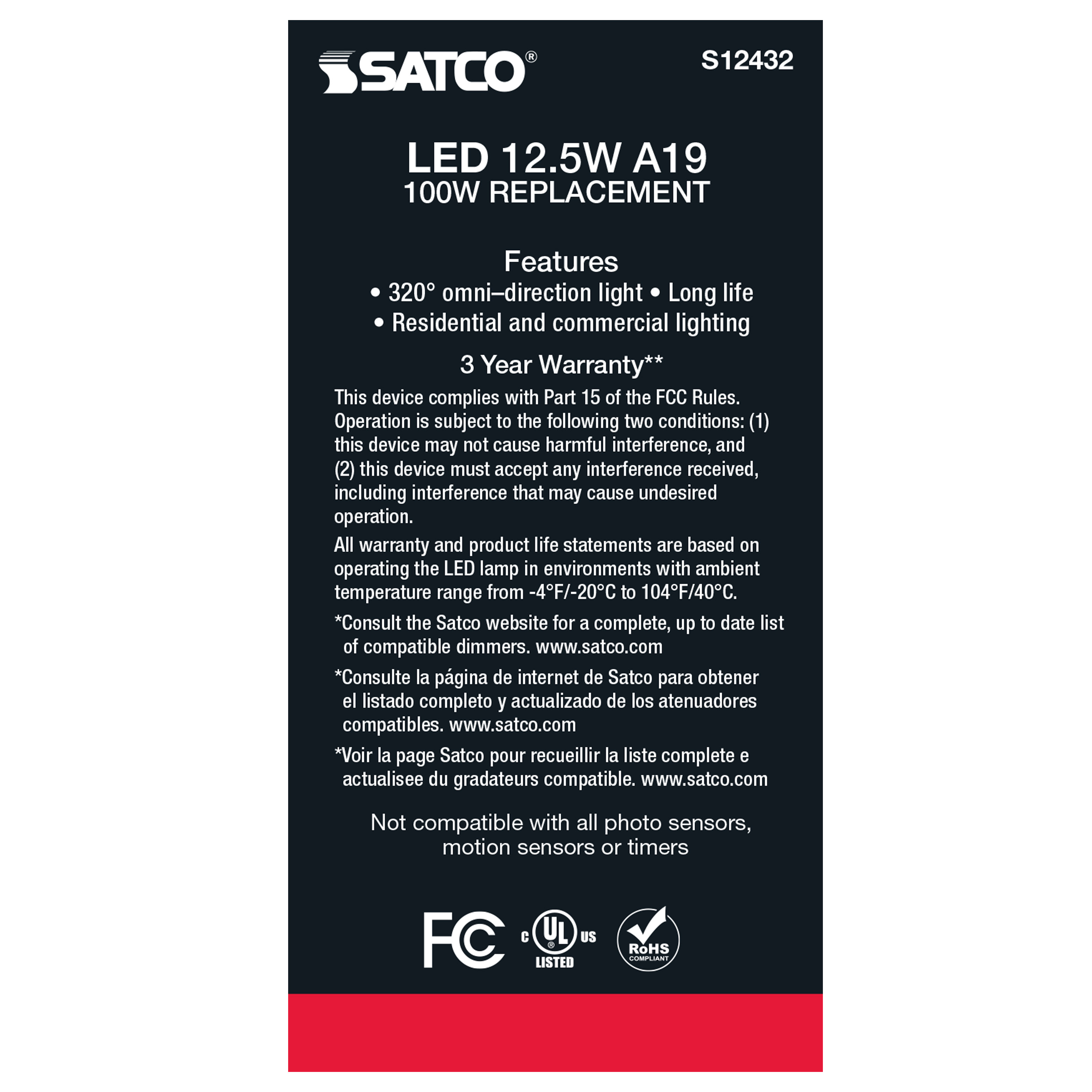 12.5A19/CL/LED/E26/950/120V - S12432