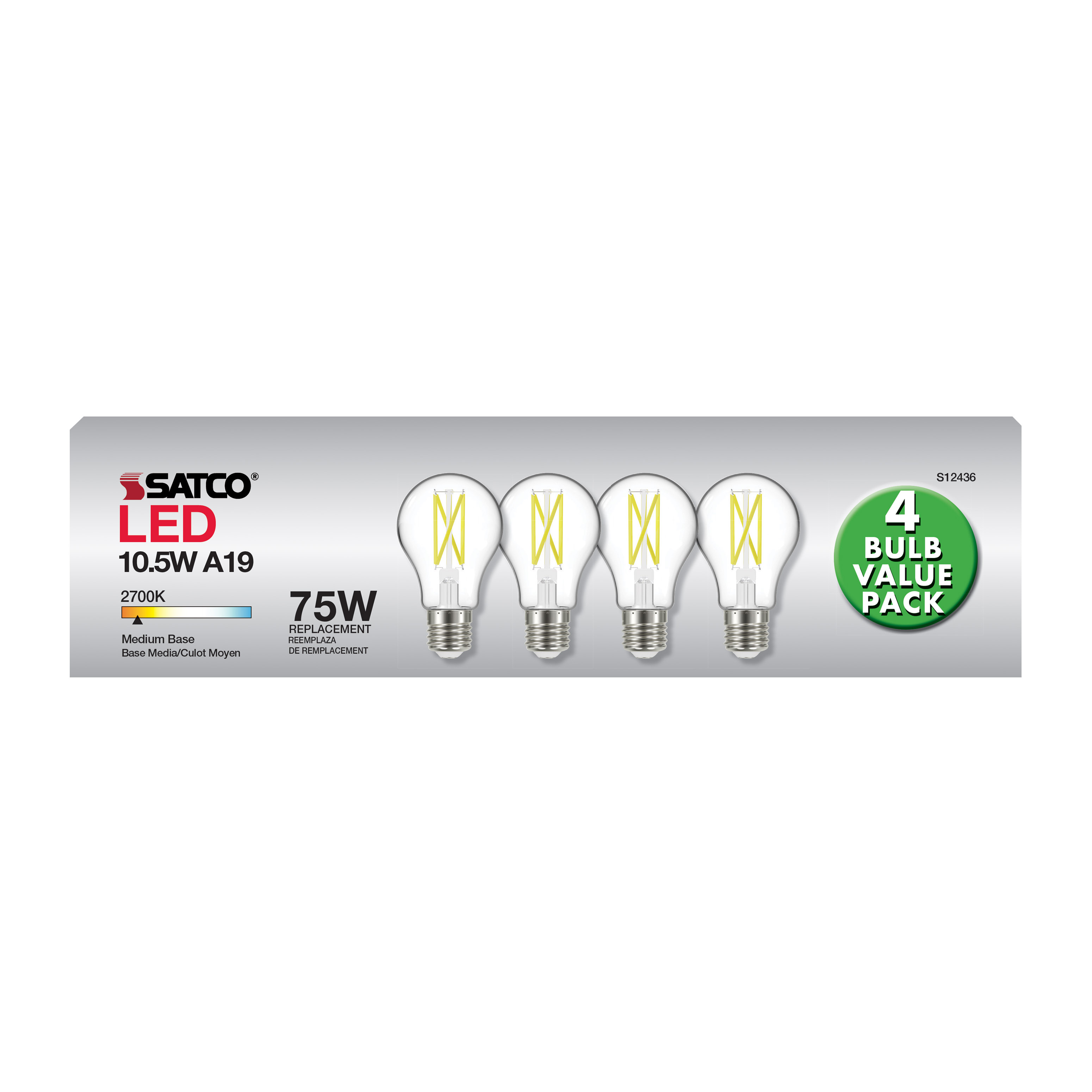10.5A19/CL/LED/927/120V/4PK - S12436
