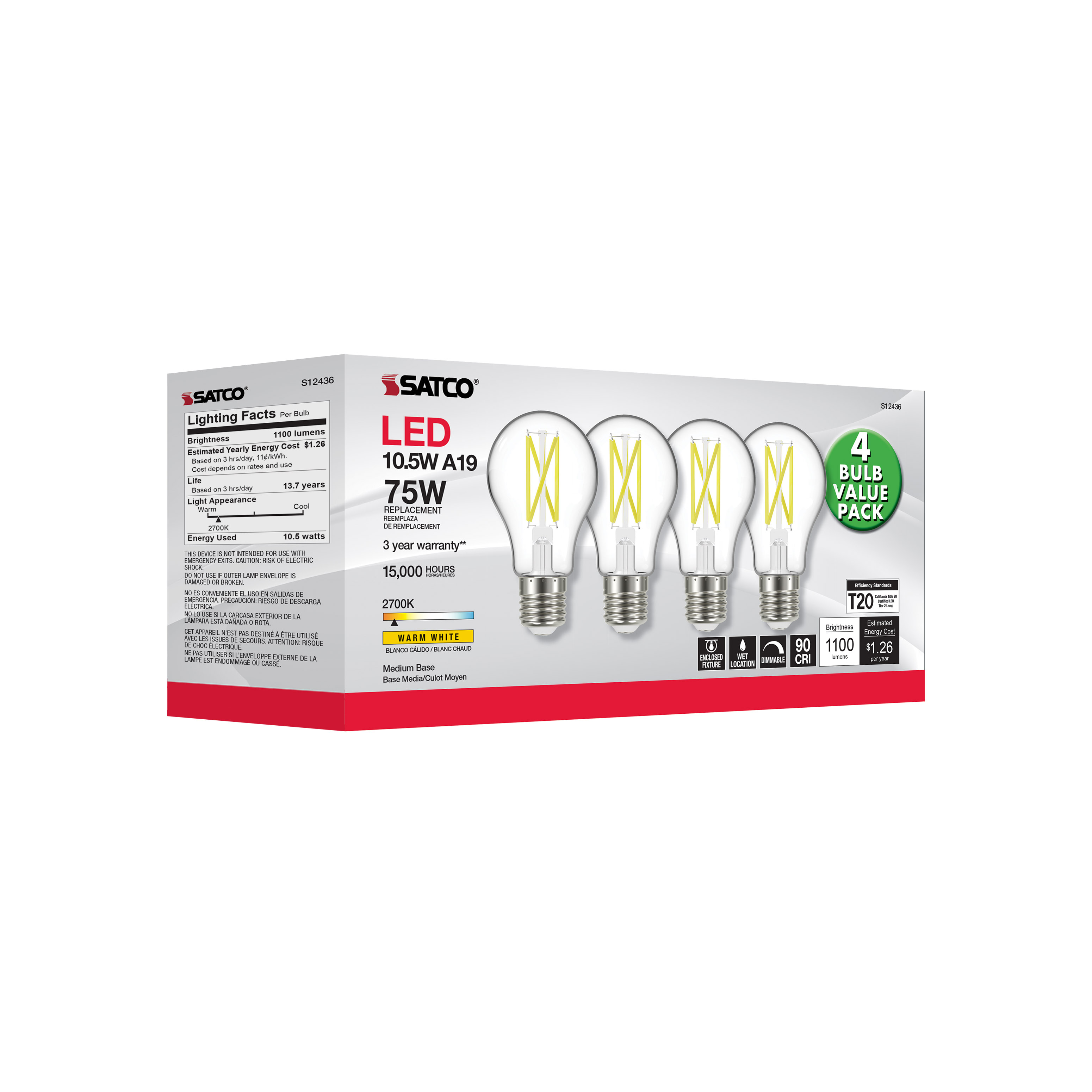 10.5A19/CL/LED/927/120V/4PK - S12436