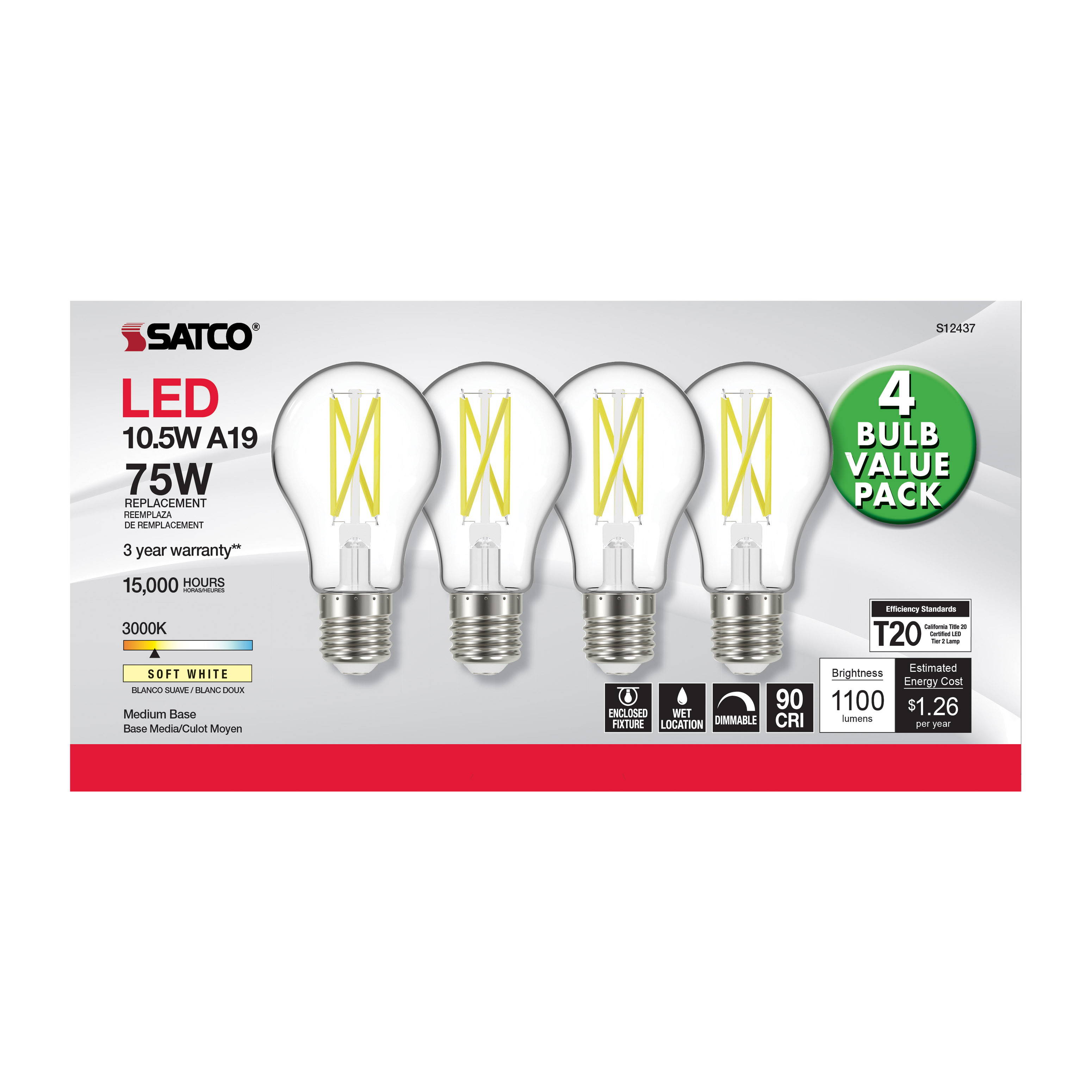 10.5A19/CL/LED/930/120V/4PK - S12437