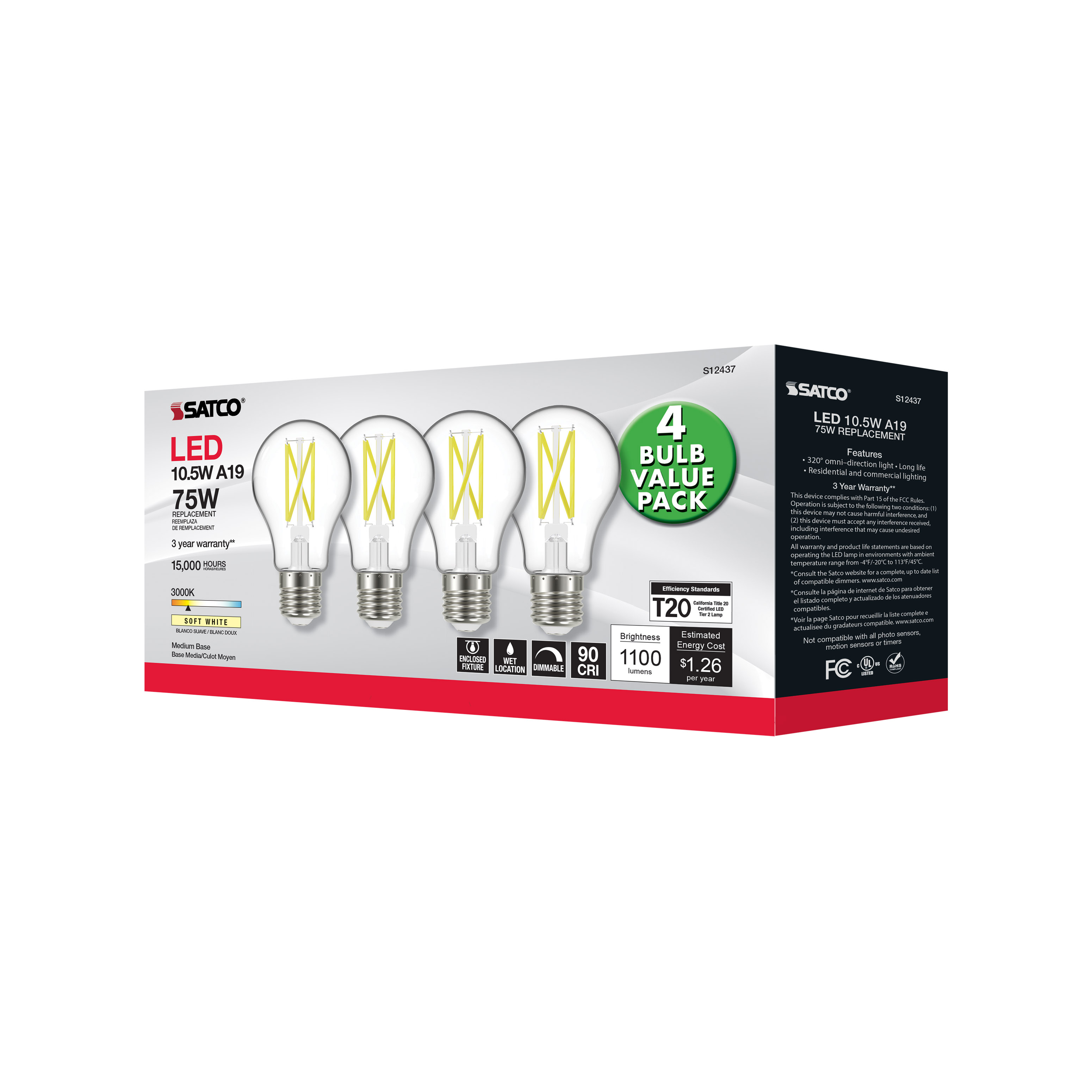 10.5A19/CL/LED/930/120V/4PK - S12437