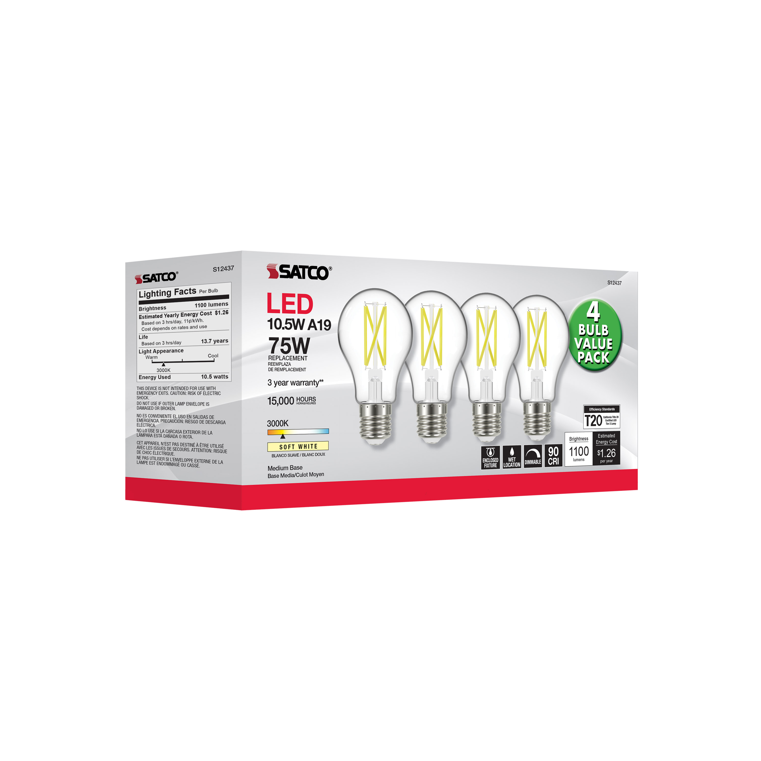 10.5A19/CL/LED/930/120V/4PK - S12437