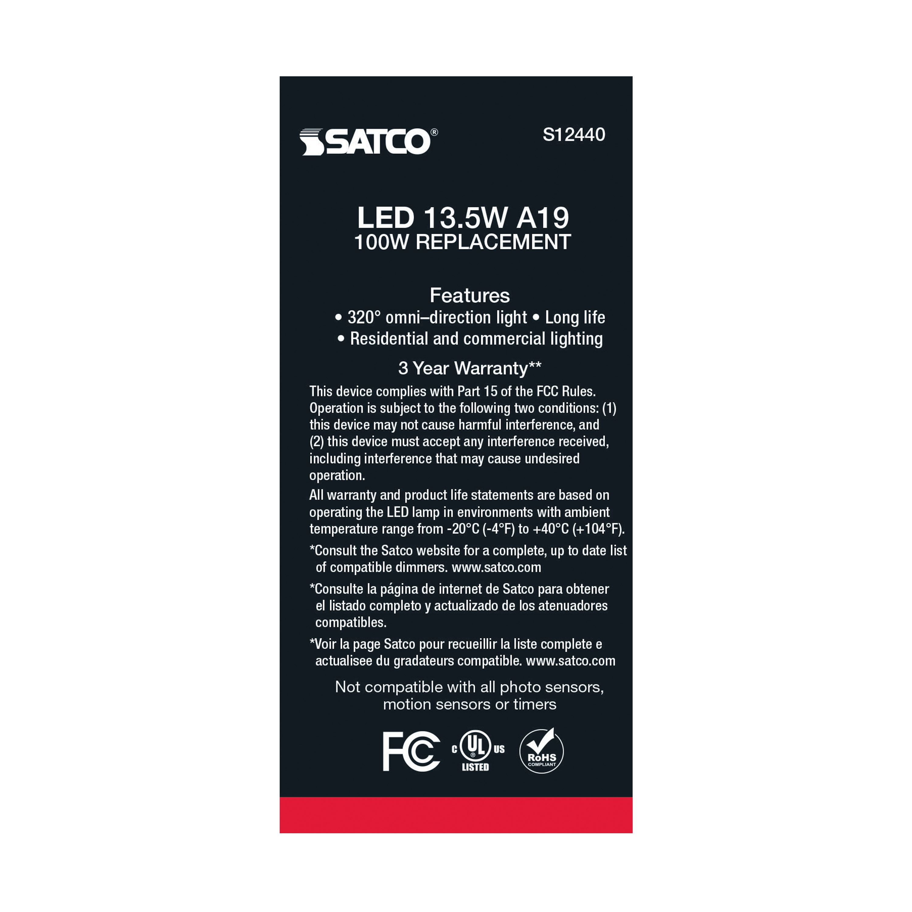 13.5A19/SW/LED/927/120V/4PK - S12440