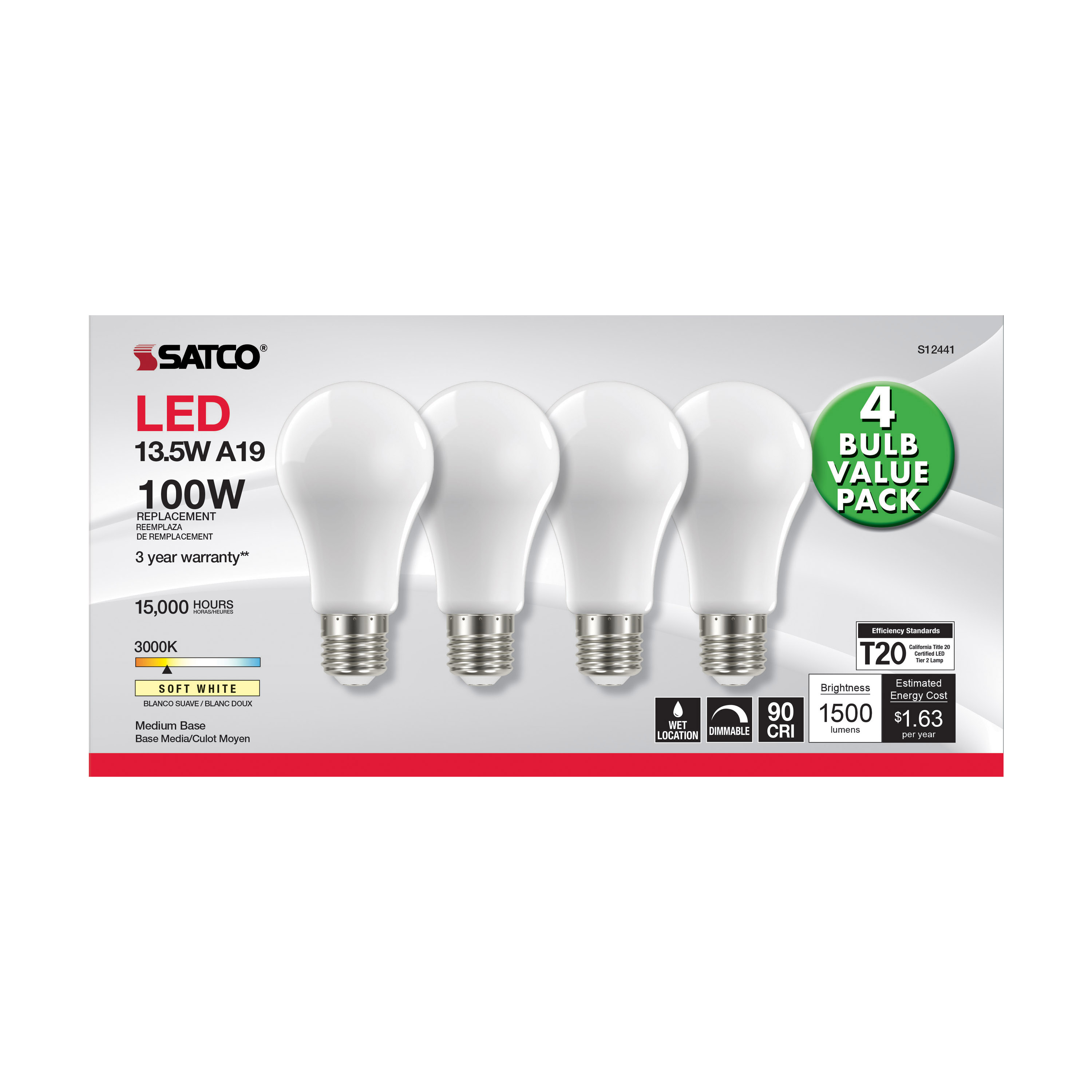 13.5A19/SW/LED/930/120V/4PK - S12441