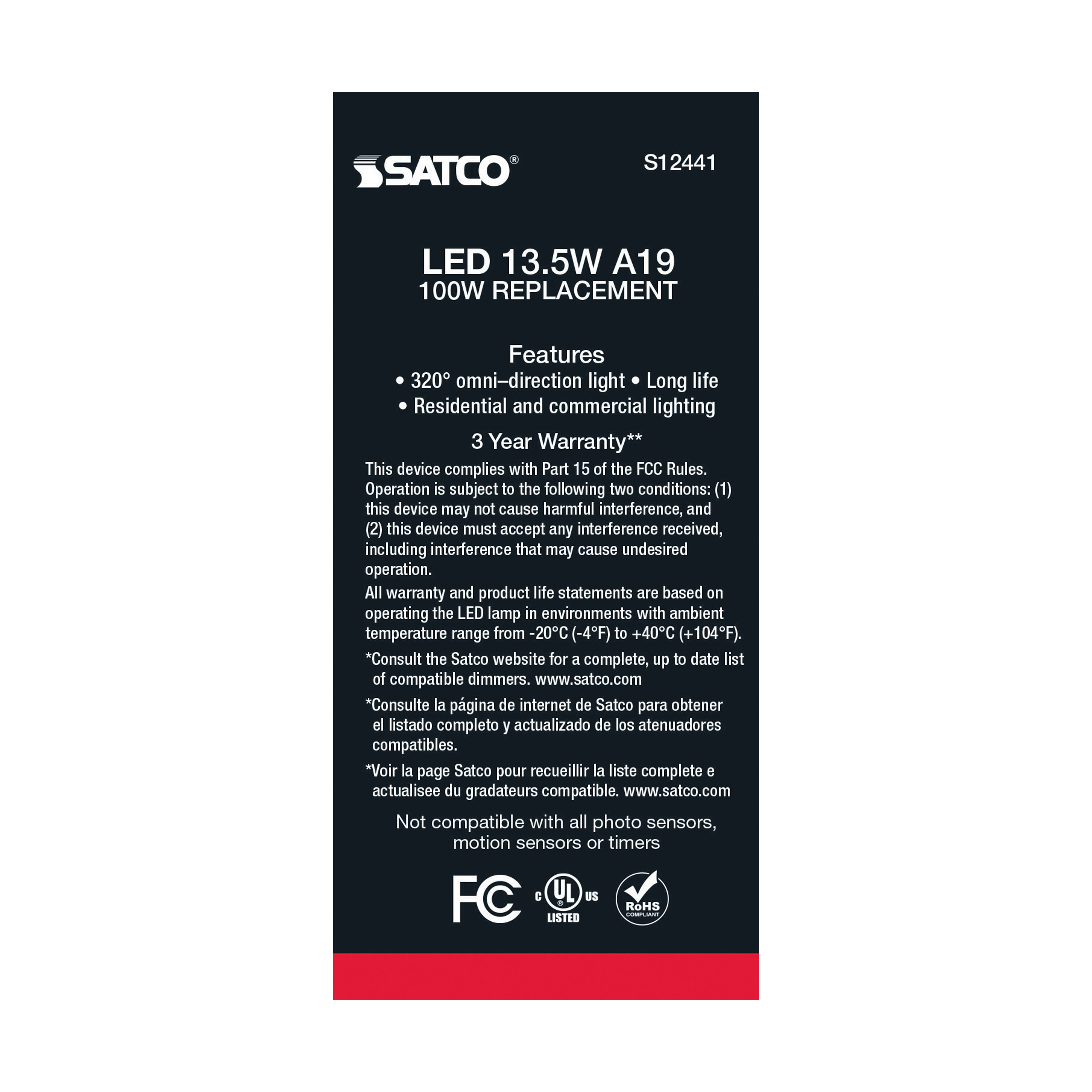 13.5A19/SW/LED/930/120V/4PK - S12441