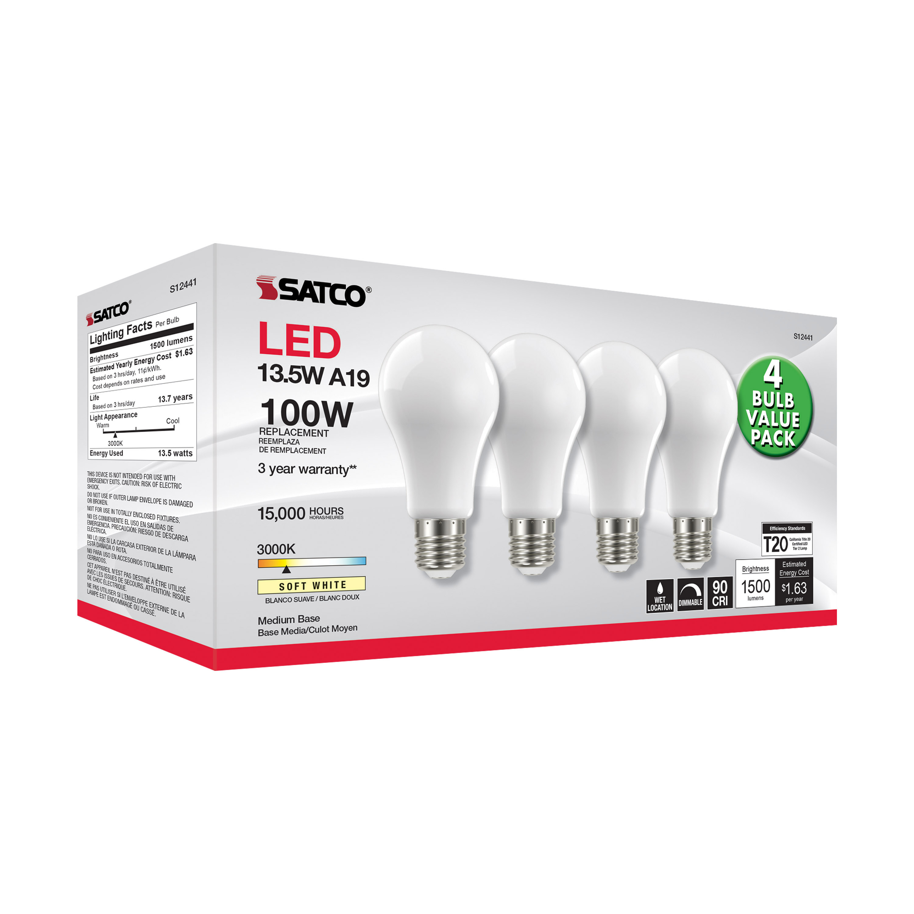 13.5A19/SW/LED/930/120V/4PK - S12441