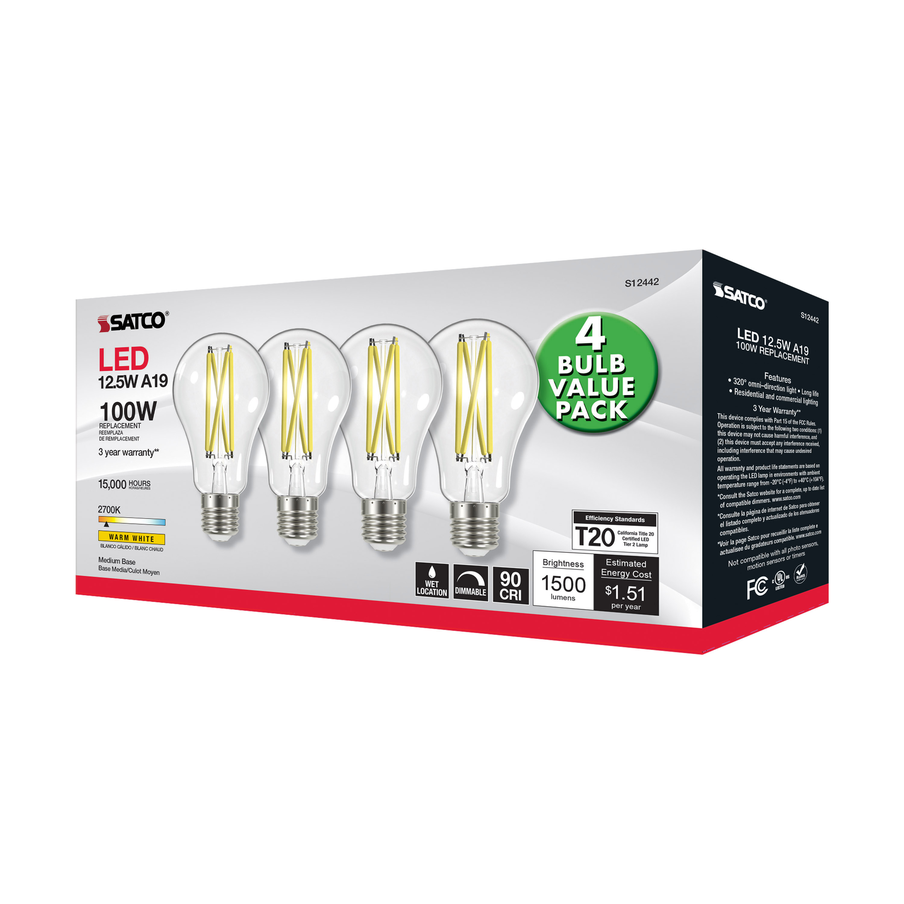 12.5A19/CL/LED/927/120V/4PK - S12442