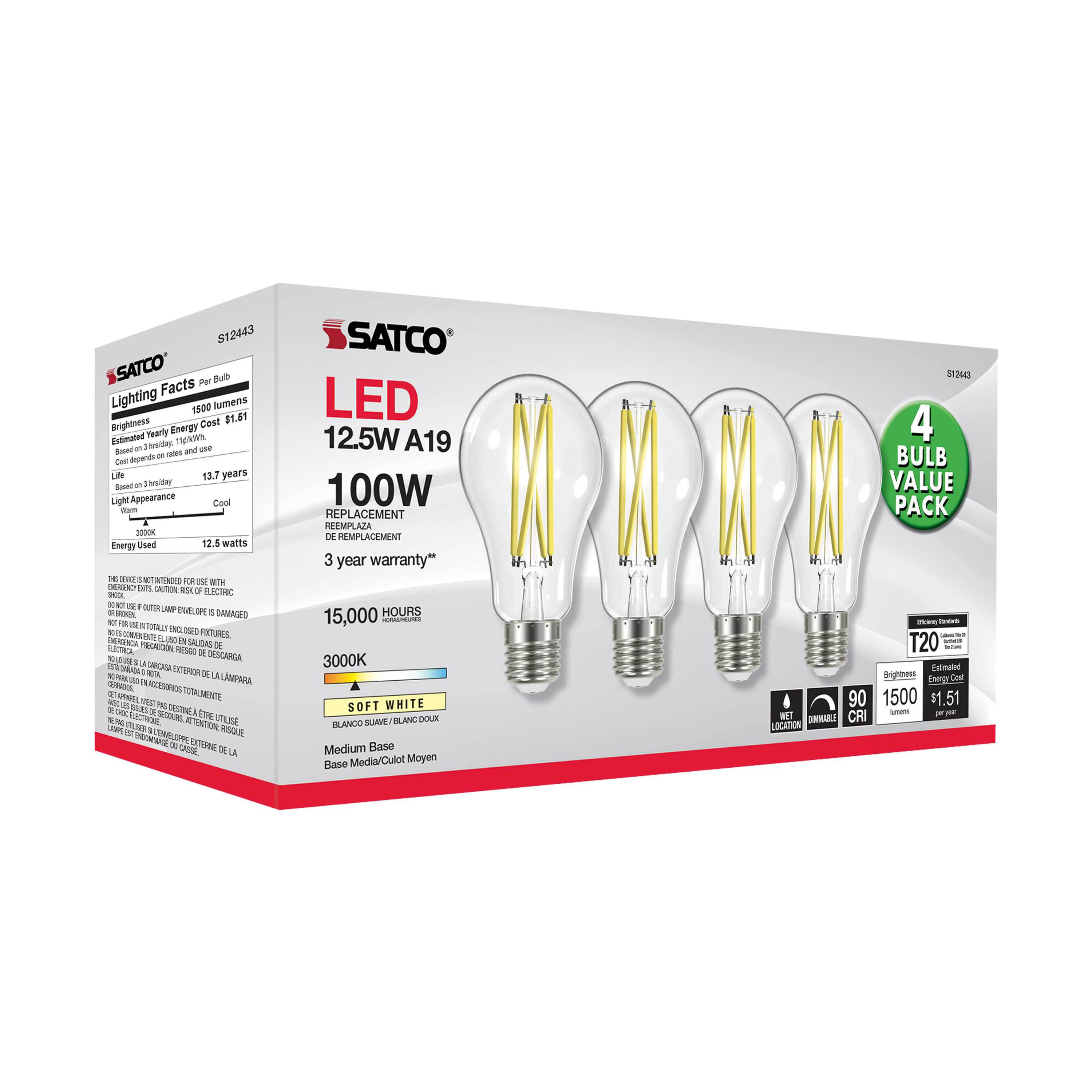 12.5A19/CL/LED/930/120V/4PK - S12443