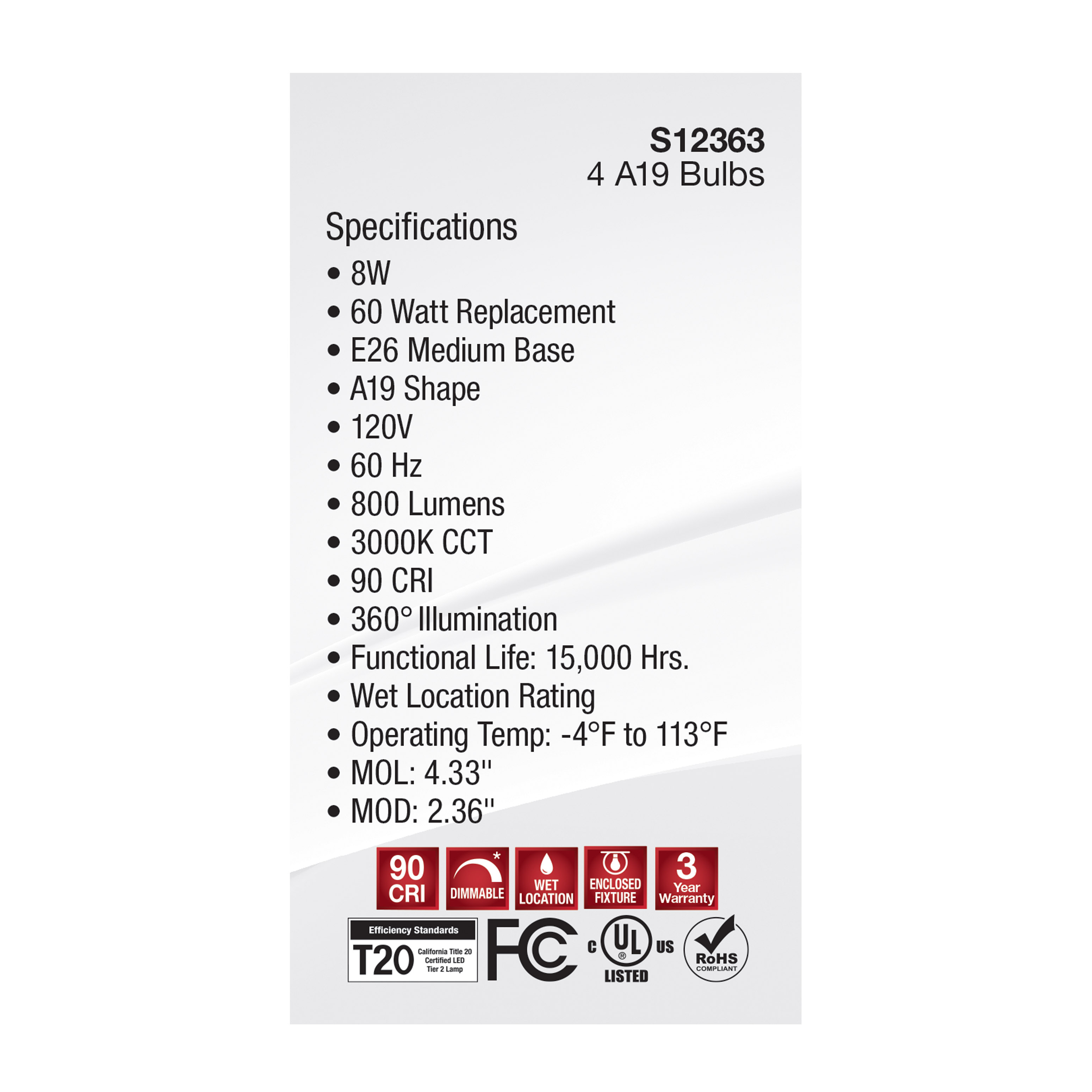 8A19/CL/LED/E26/930/4PK/120V - S12463
