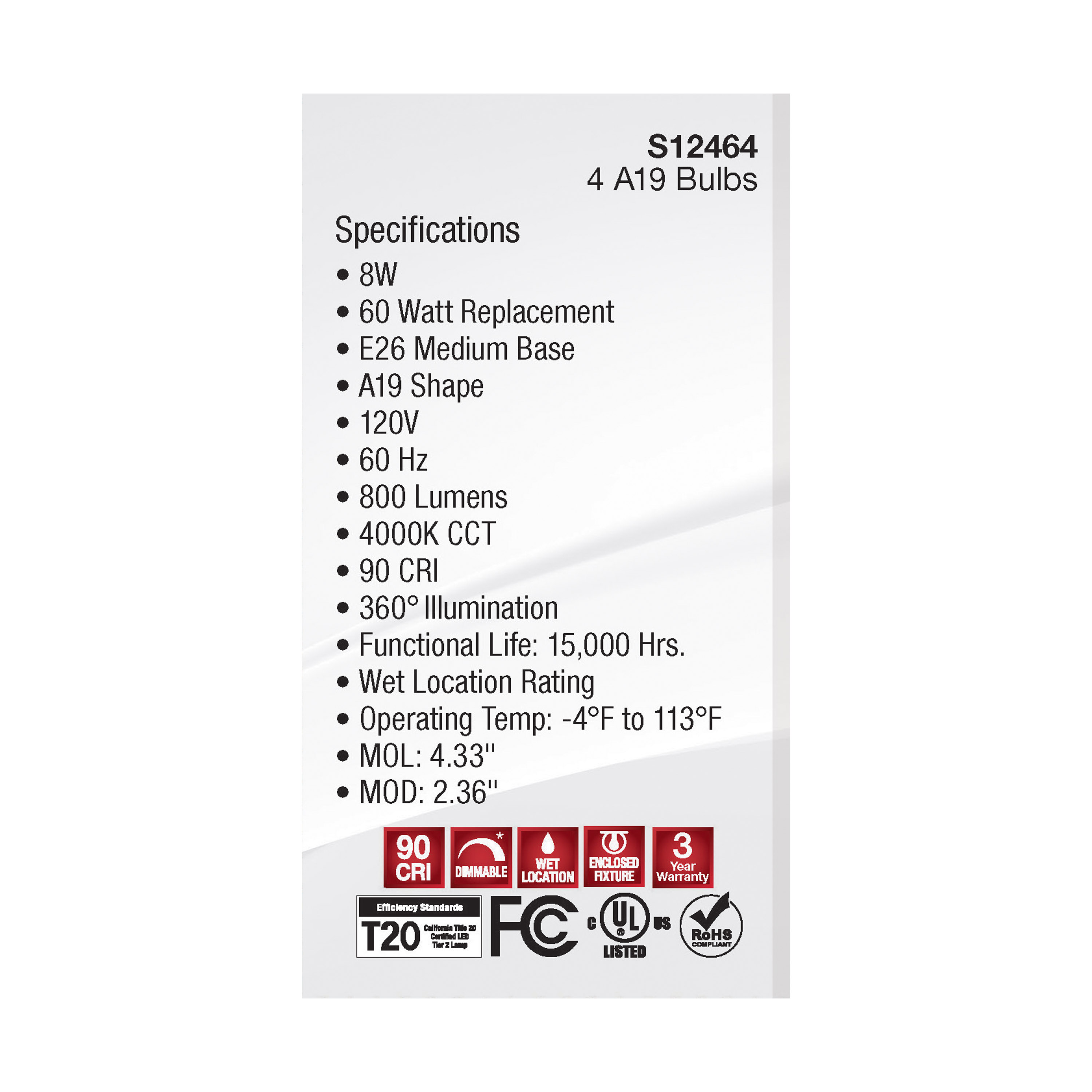 8A19/CL/LED/E26/940/4PK/120V - S12464