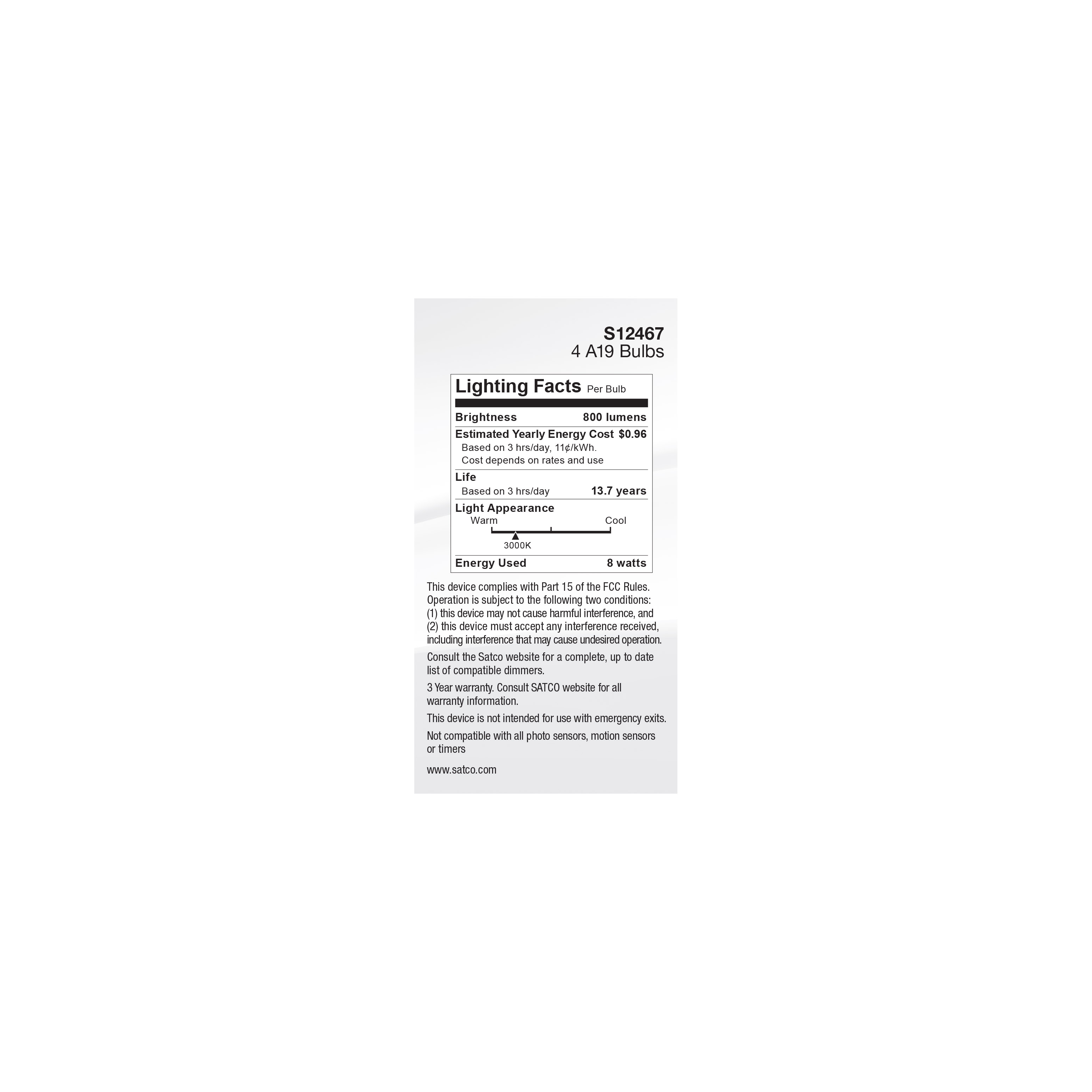 8A19/SW/LED/E26/930/4PK/120V - S12467