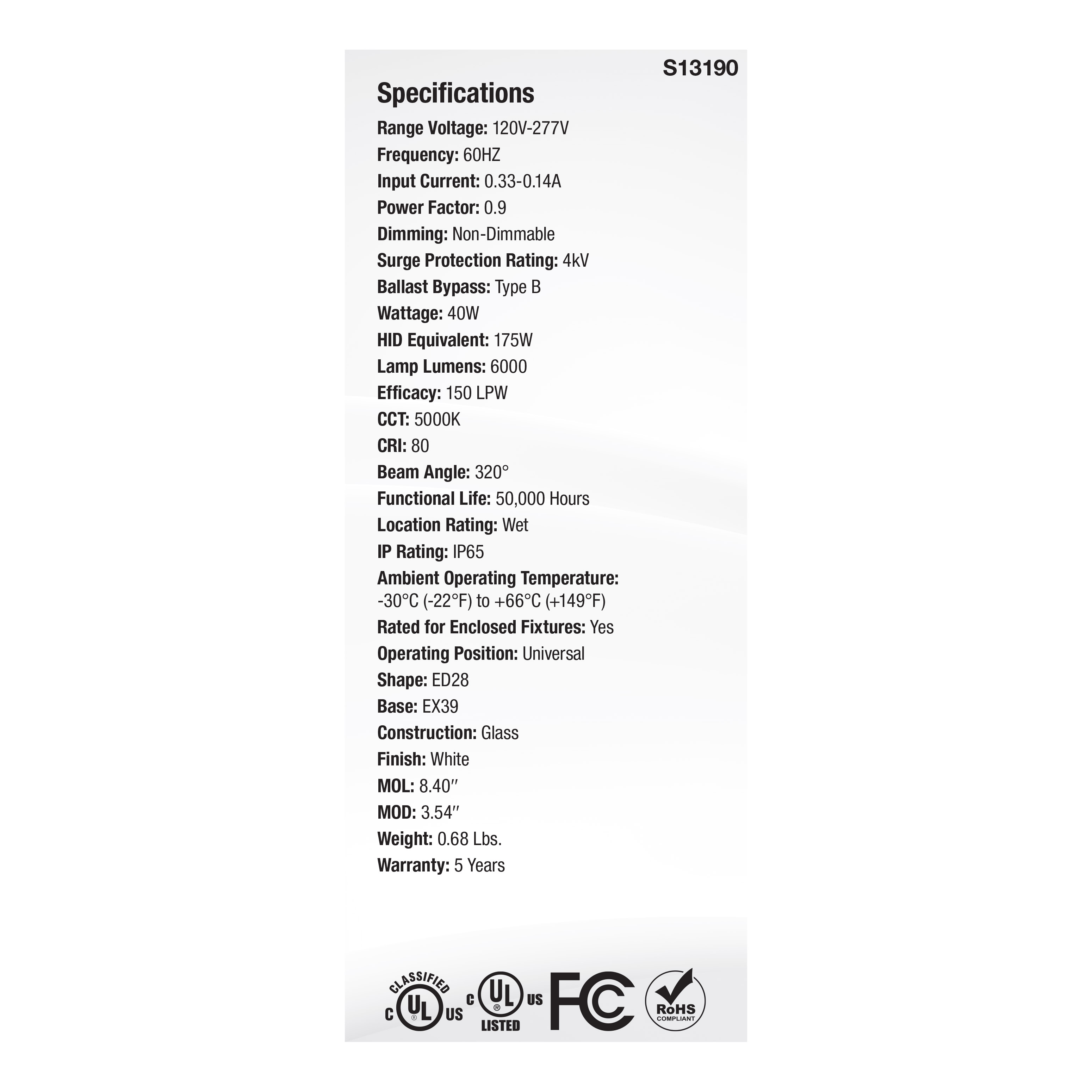 40W/LED/HID/ED28/850/EX39/WH - S13190