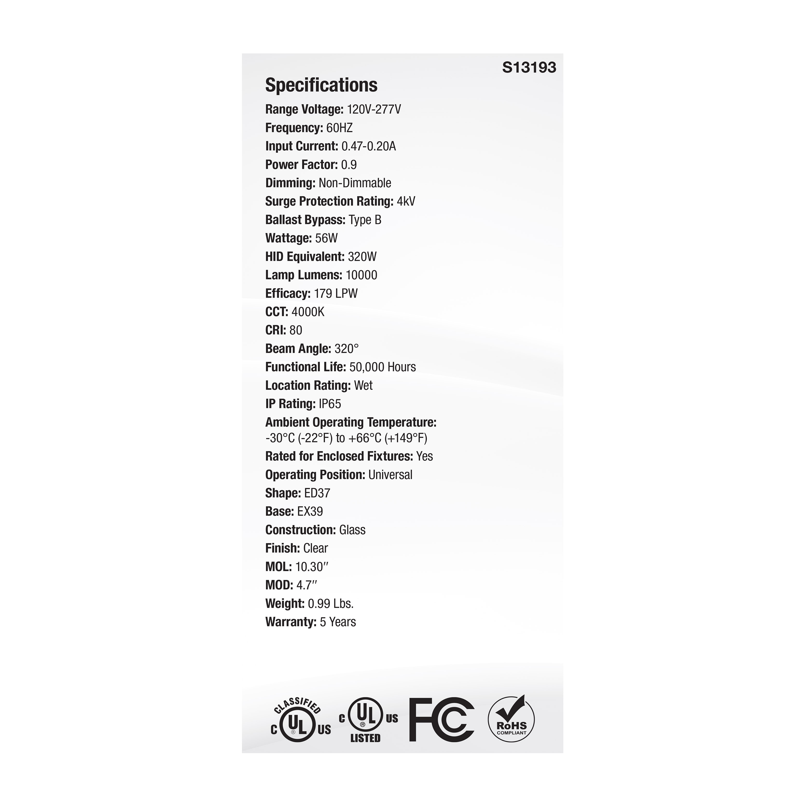 56W/LED/HID/ED37/840/EX39/CL - S13193