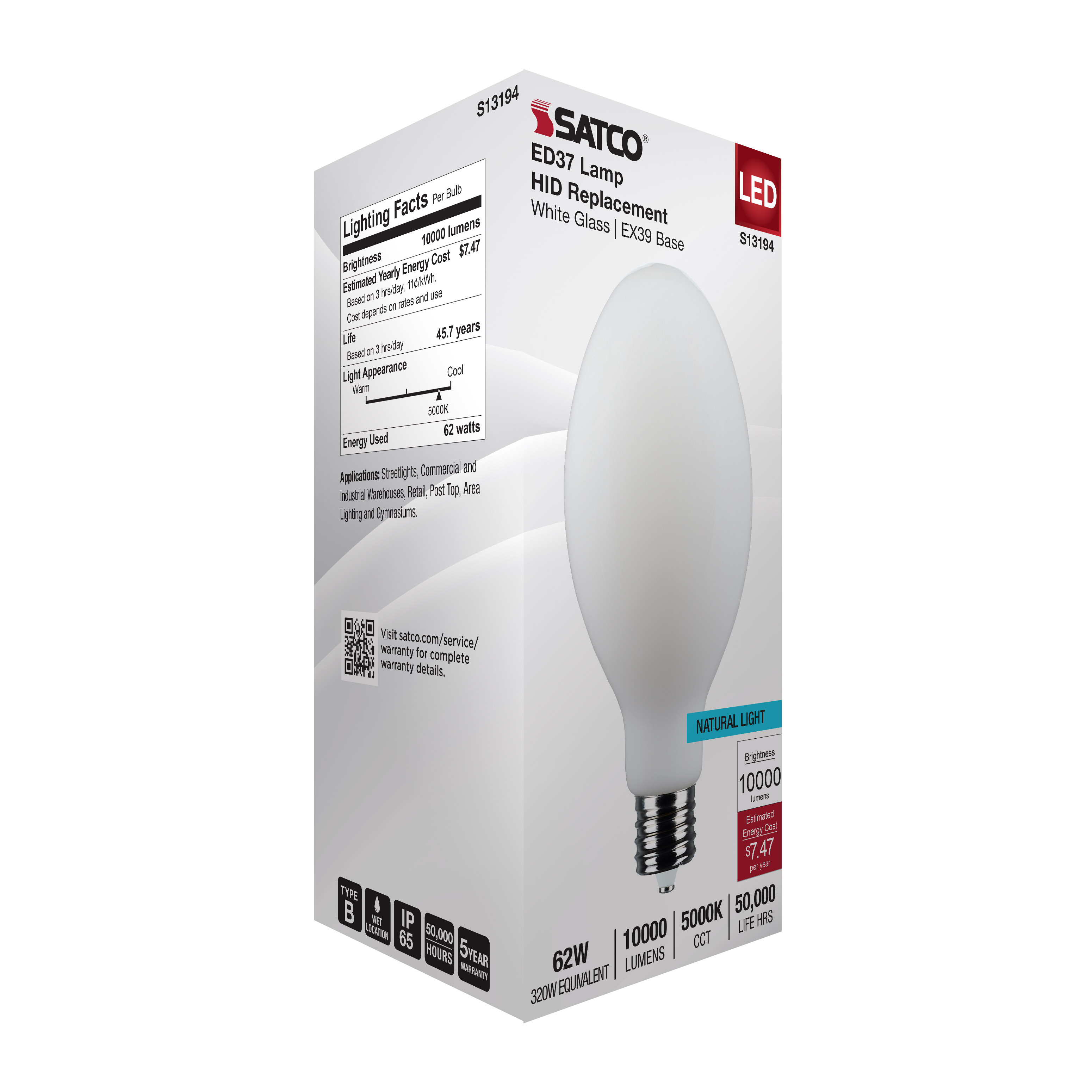 62W/LED/HID/ED37/850/EX39/WH - S13194