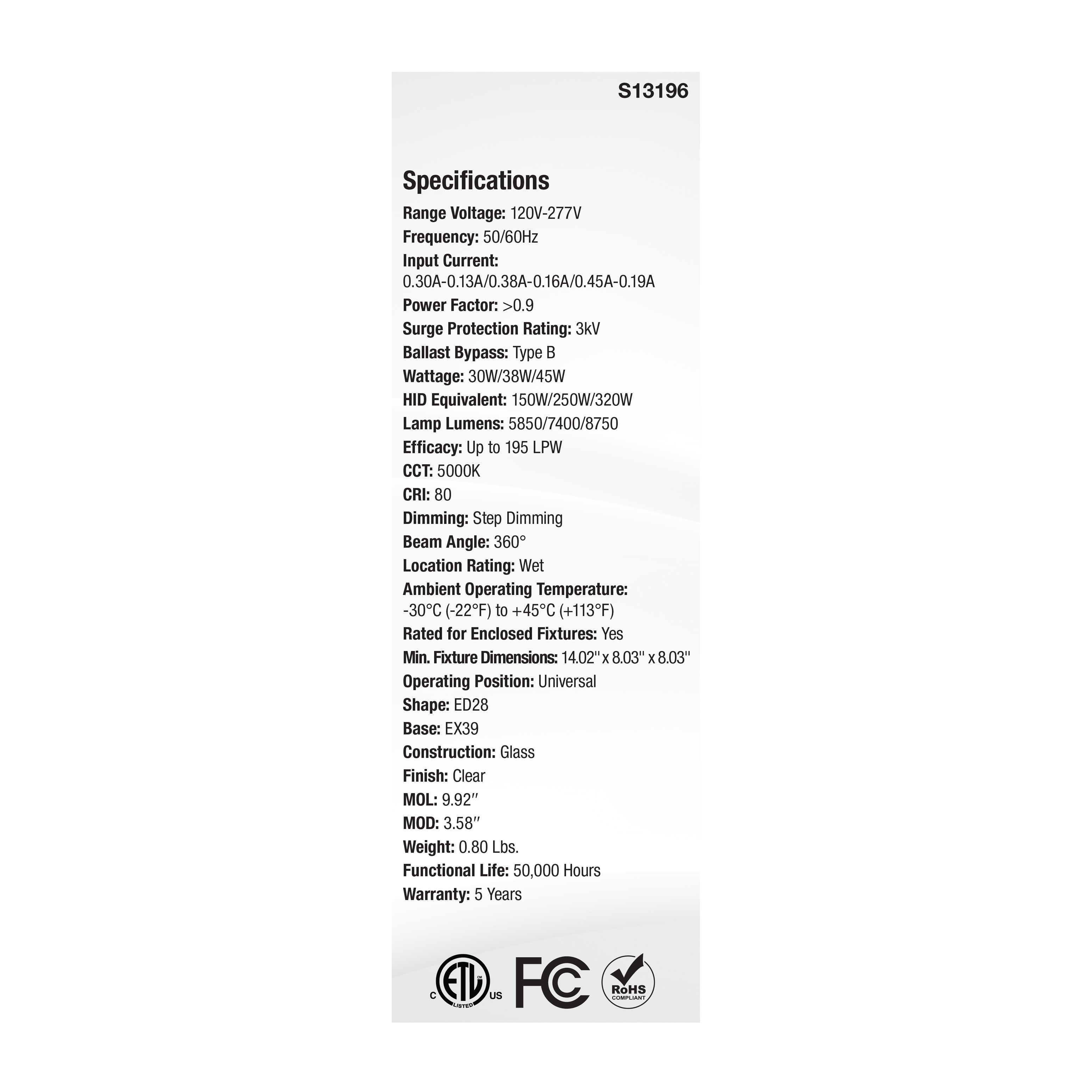 45W/LED/HID/ED28/850/EX39/CL - S13196