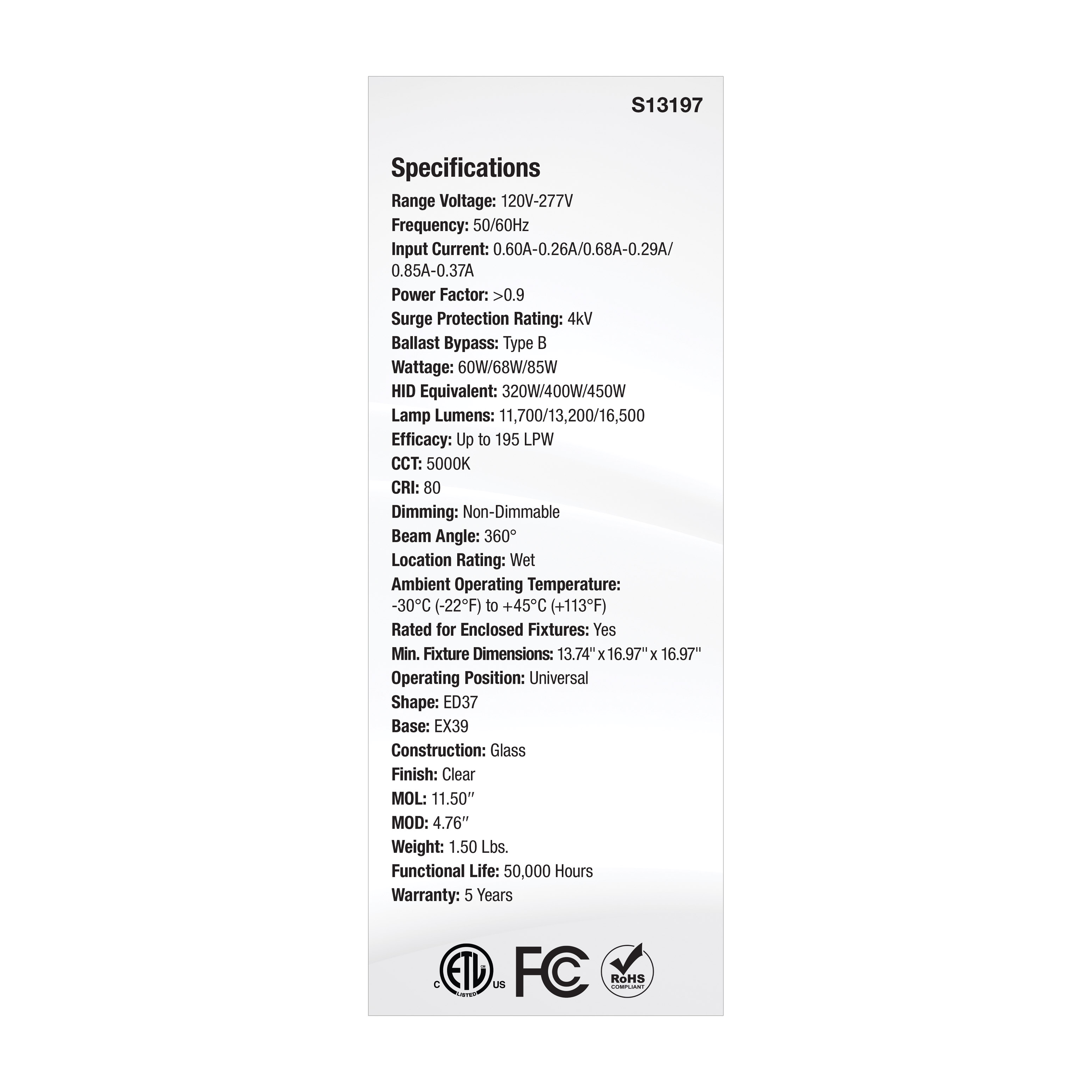 85W/LED/HID/ED37/850/EX39/CL - S13197