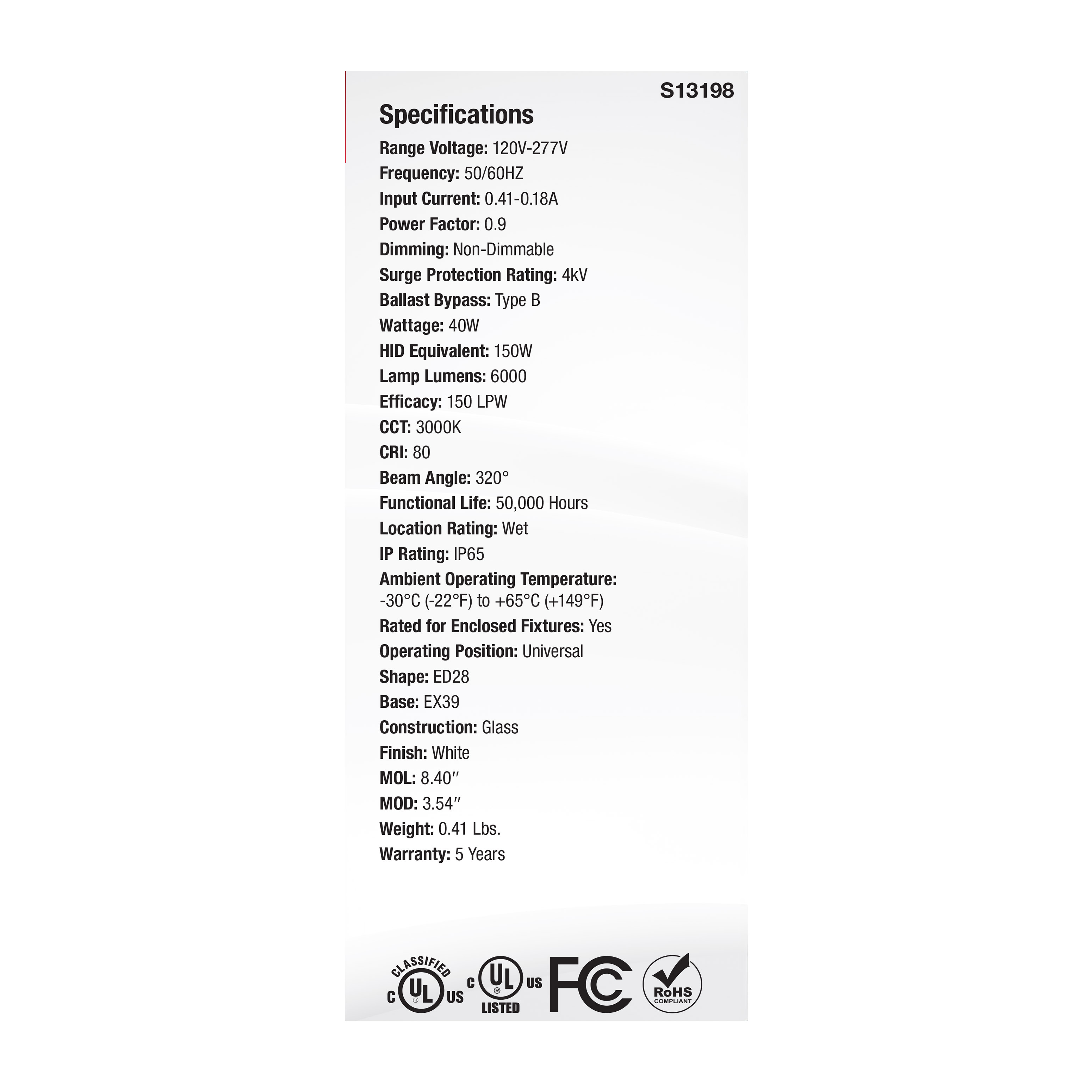 40W/LED/HID/ED28/830/EX39/WH - S13198