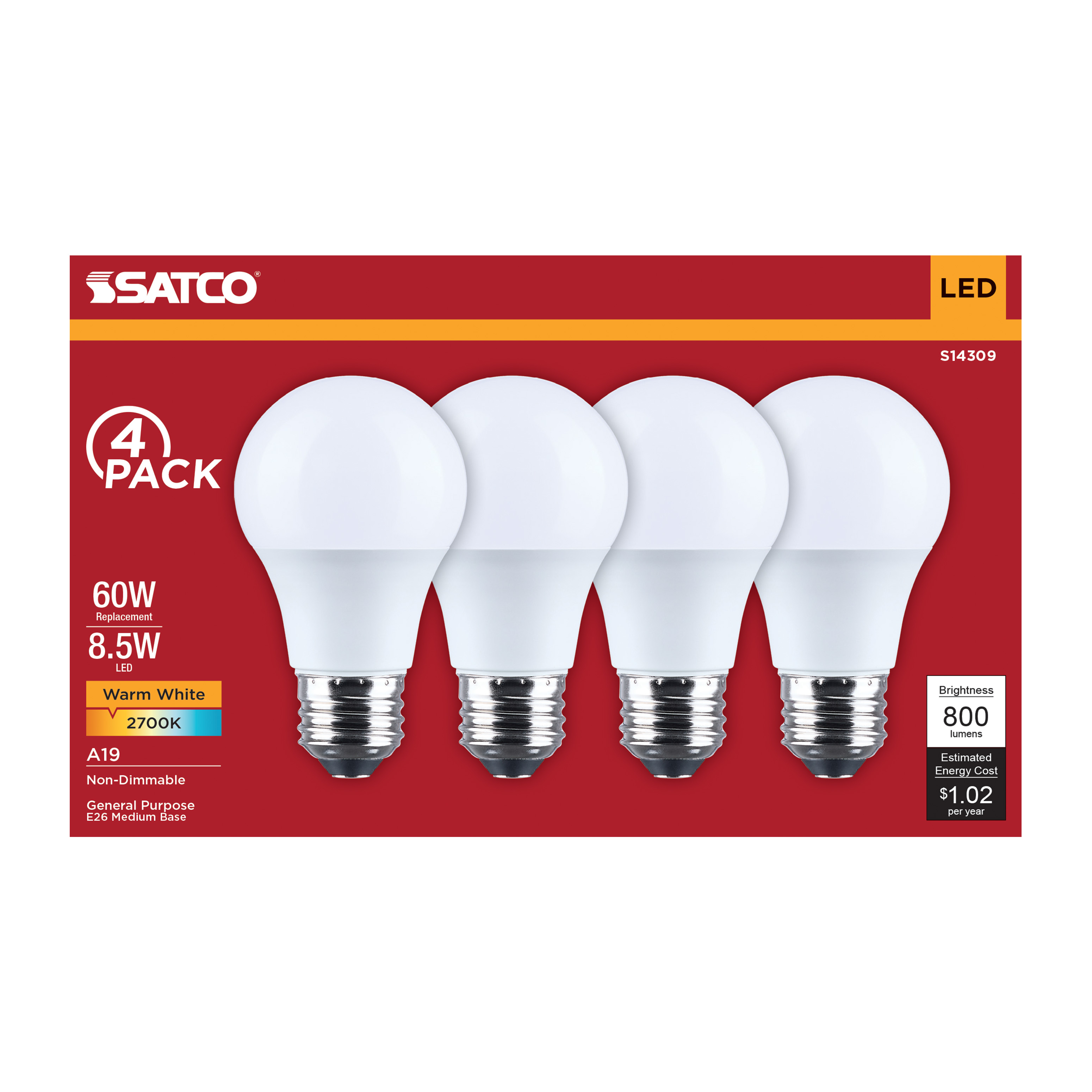 8.5A19L/827/E26/P/ND/4PK - S14309