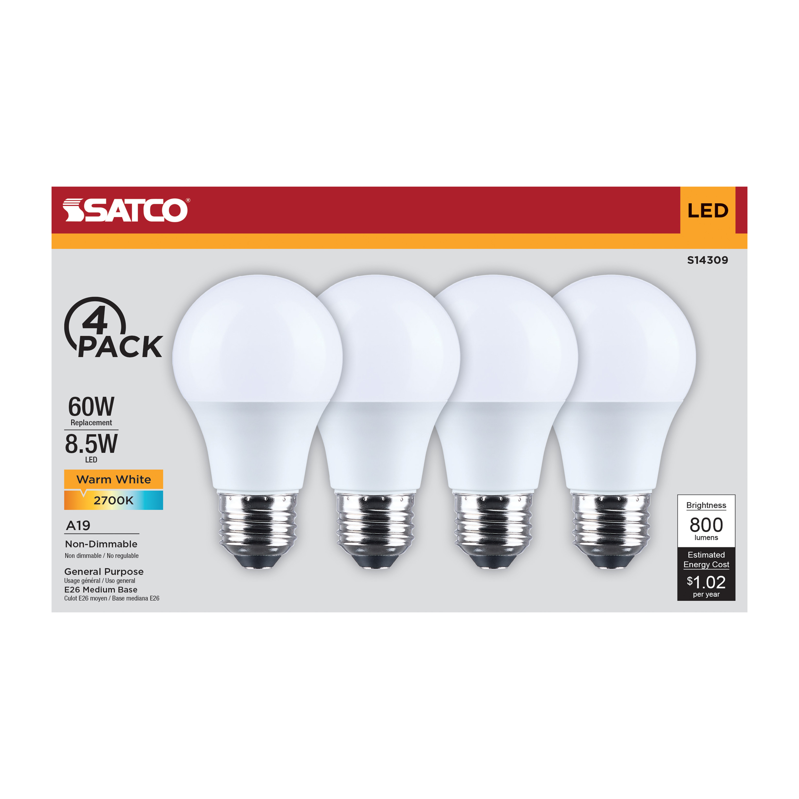 8.5A19L/827/E26/P/ND/4PK - S14309