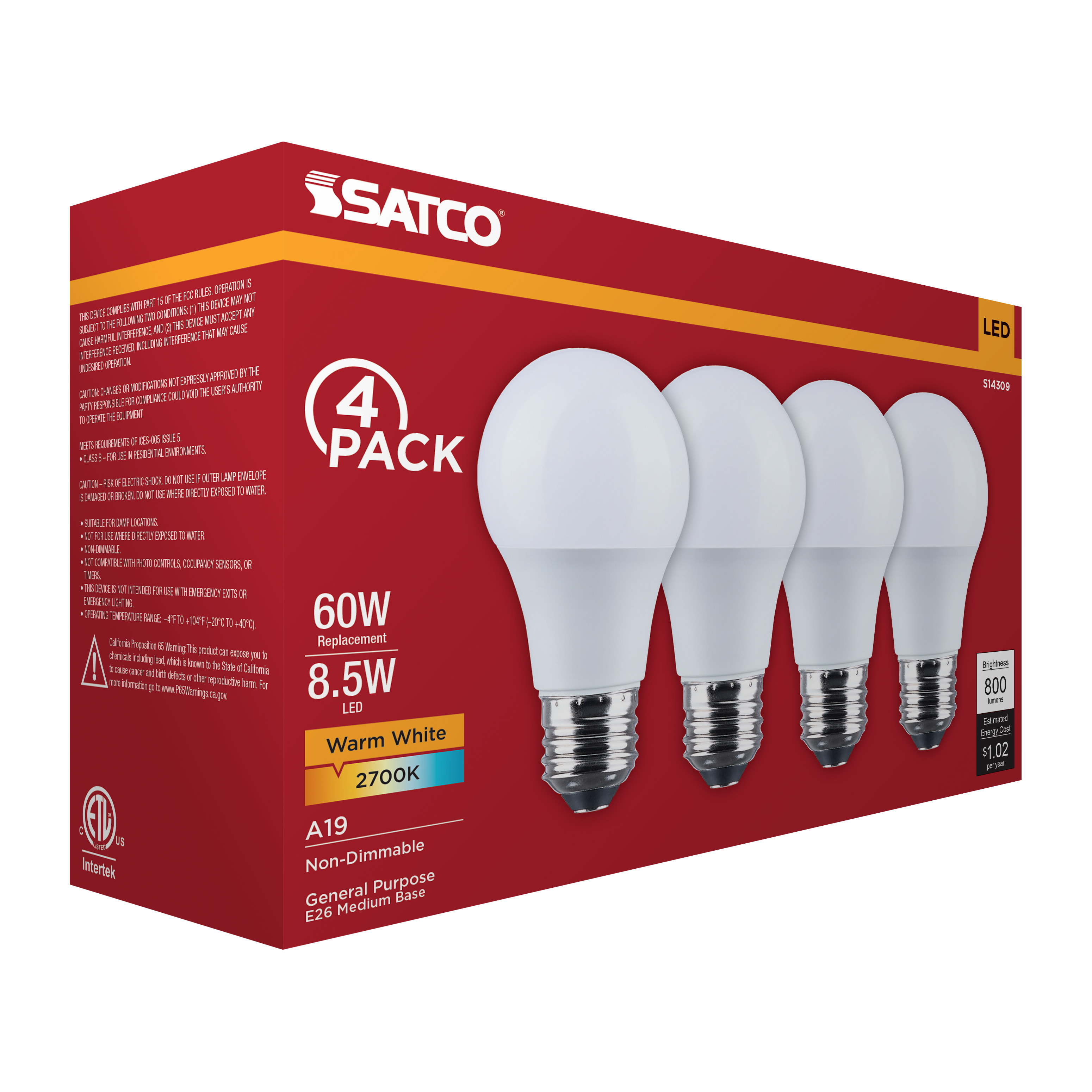 8.5A19L/827/E26/P/ND/4PK - S14309