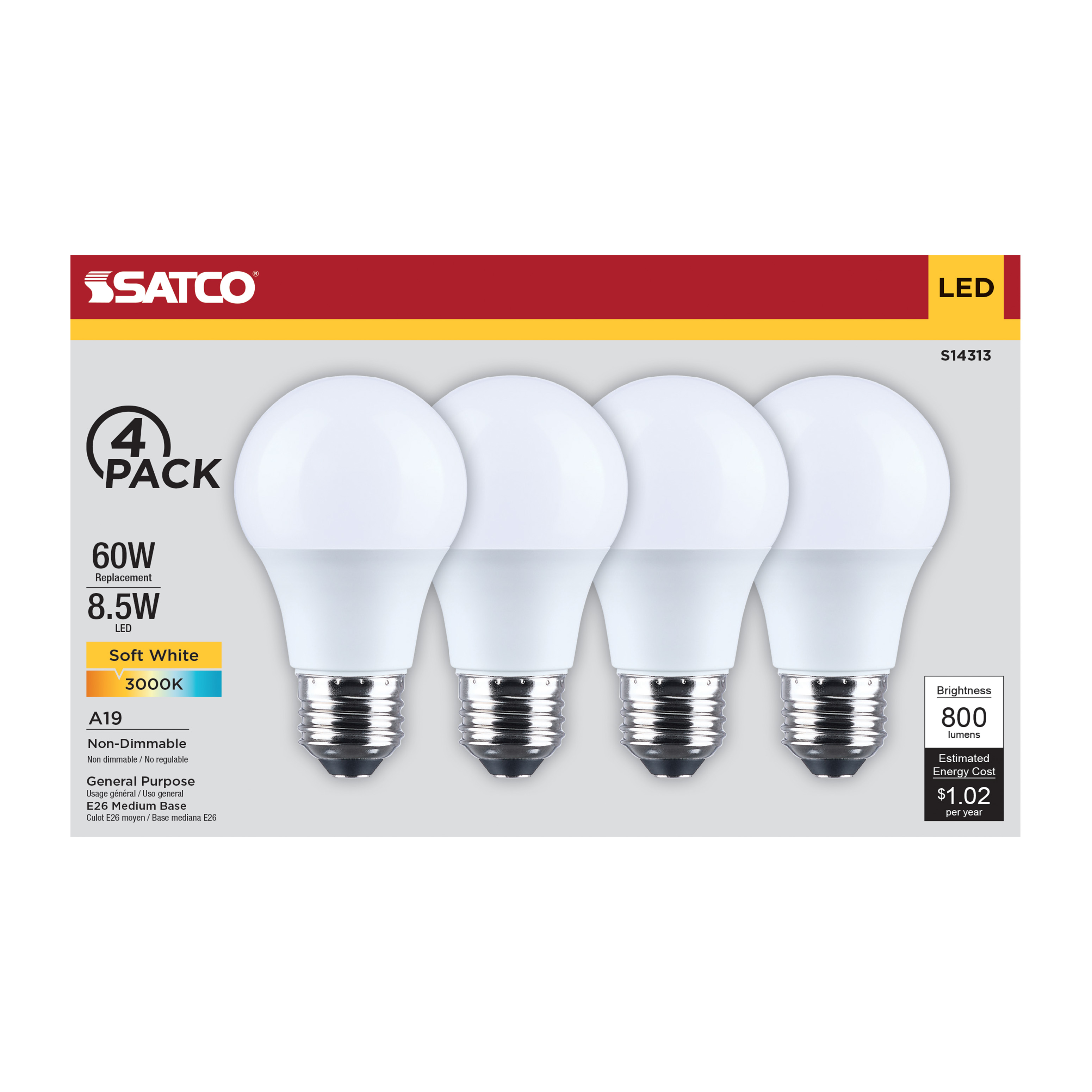 8.5A19L/830/E26/P/ND/4PK - S14313