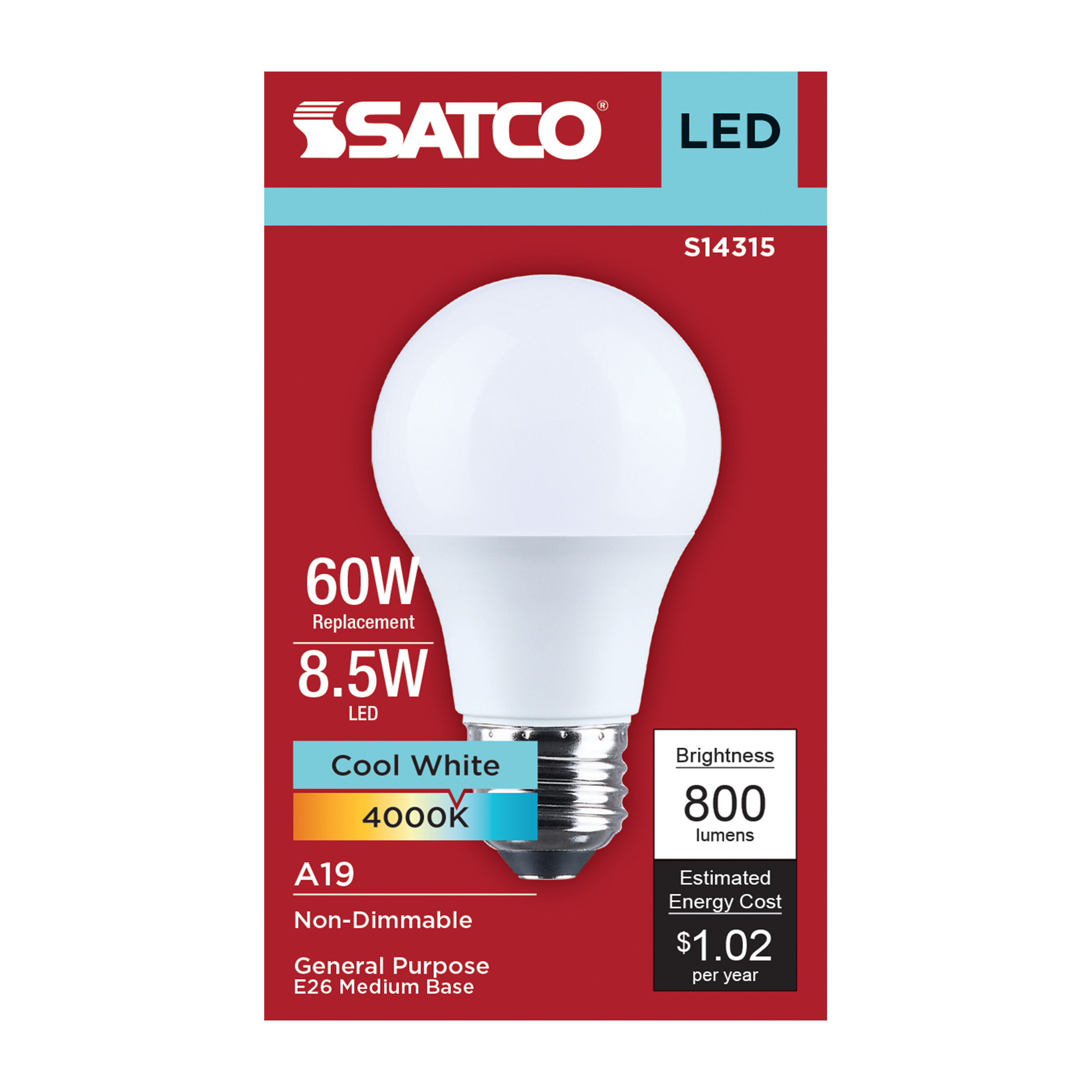 8.5A19L/840/E26/P/ND/1PK - S14315