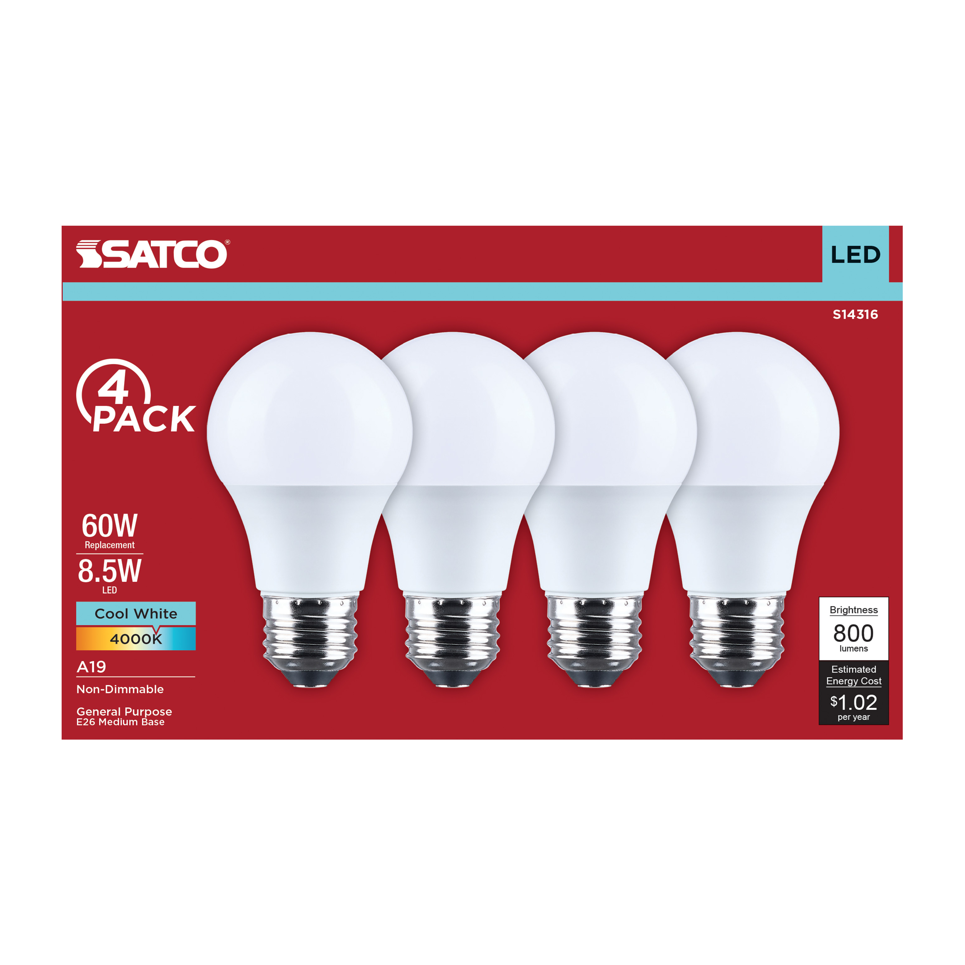 8.5A19L/840/E26/P/ND/4PK - S14316
