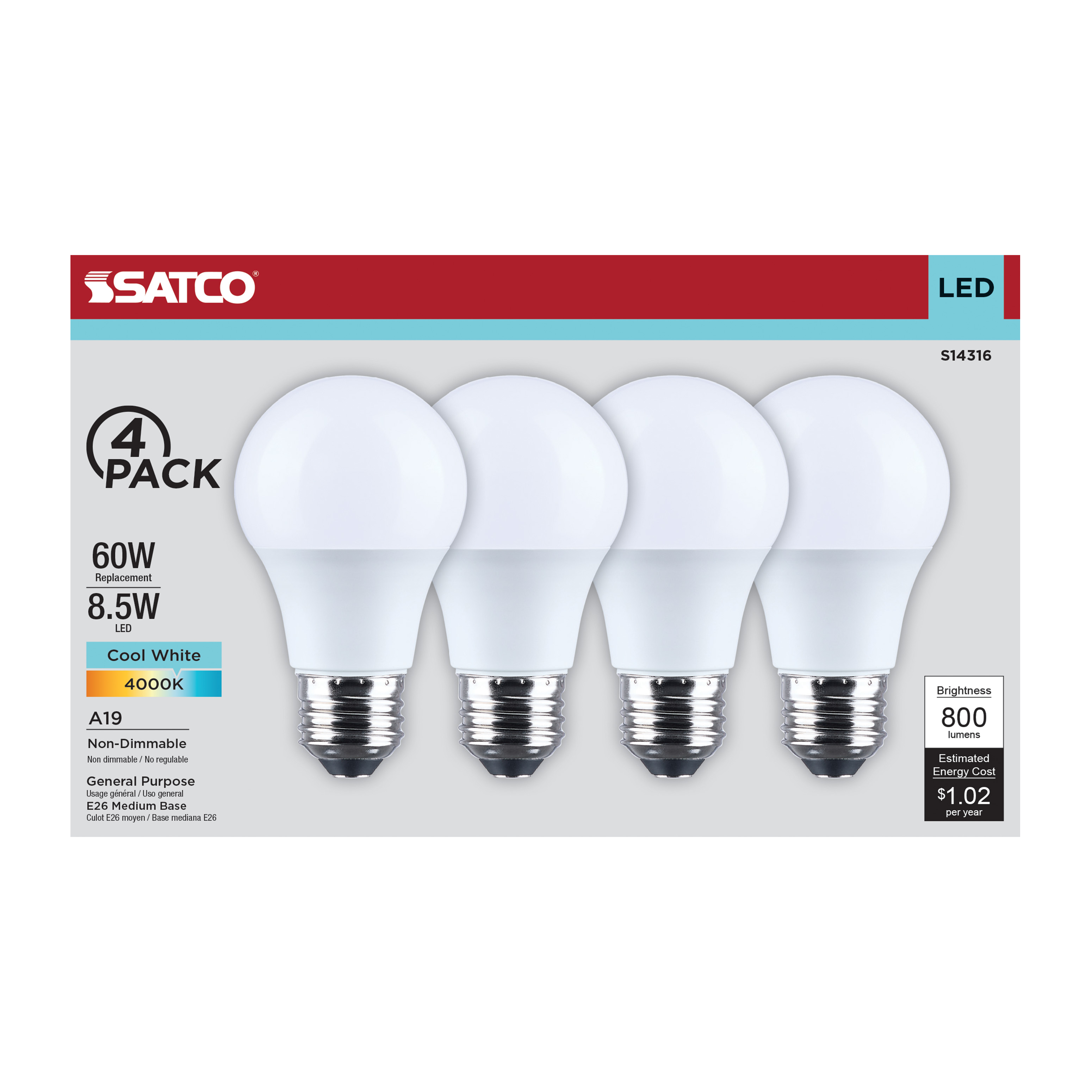 8.5A19L/840/E26/P/ND/4PK - S14316