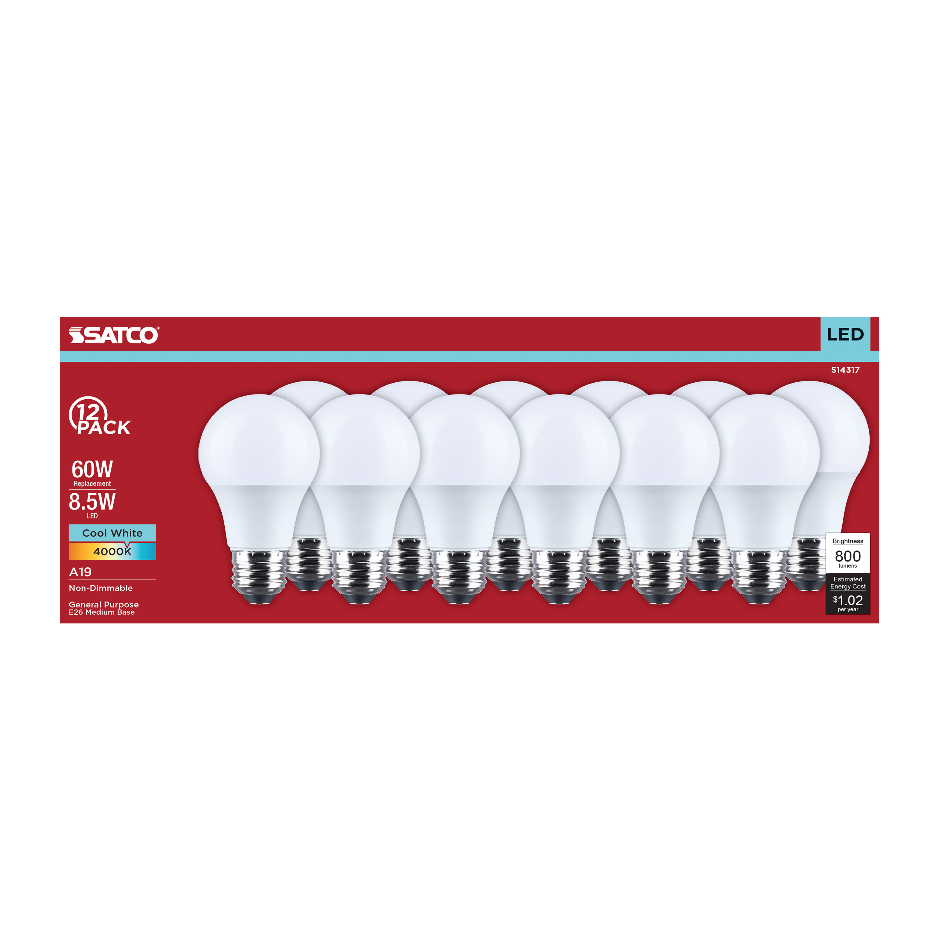 8.5A19L/840/E26/P/ND/12PK - S14317