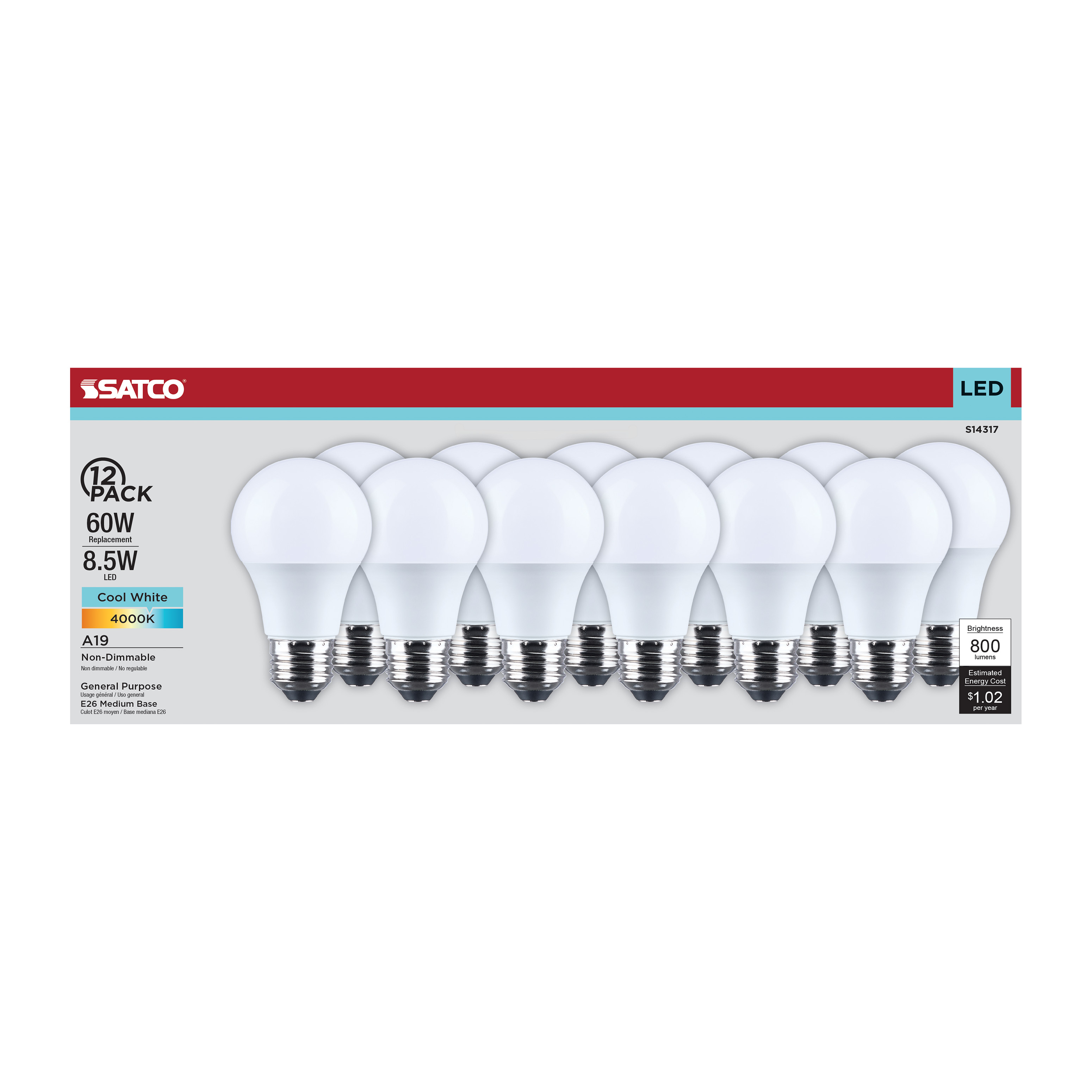 8.5A19L/840/E26/P/ND/12PK - S14317