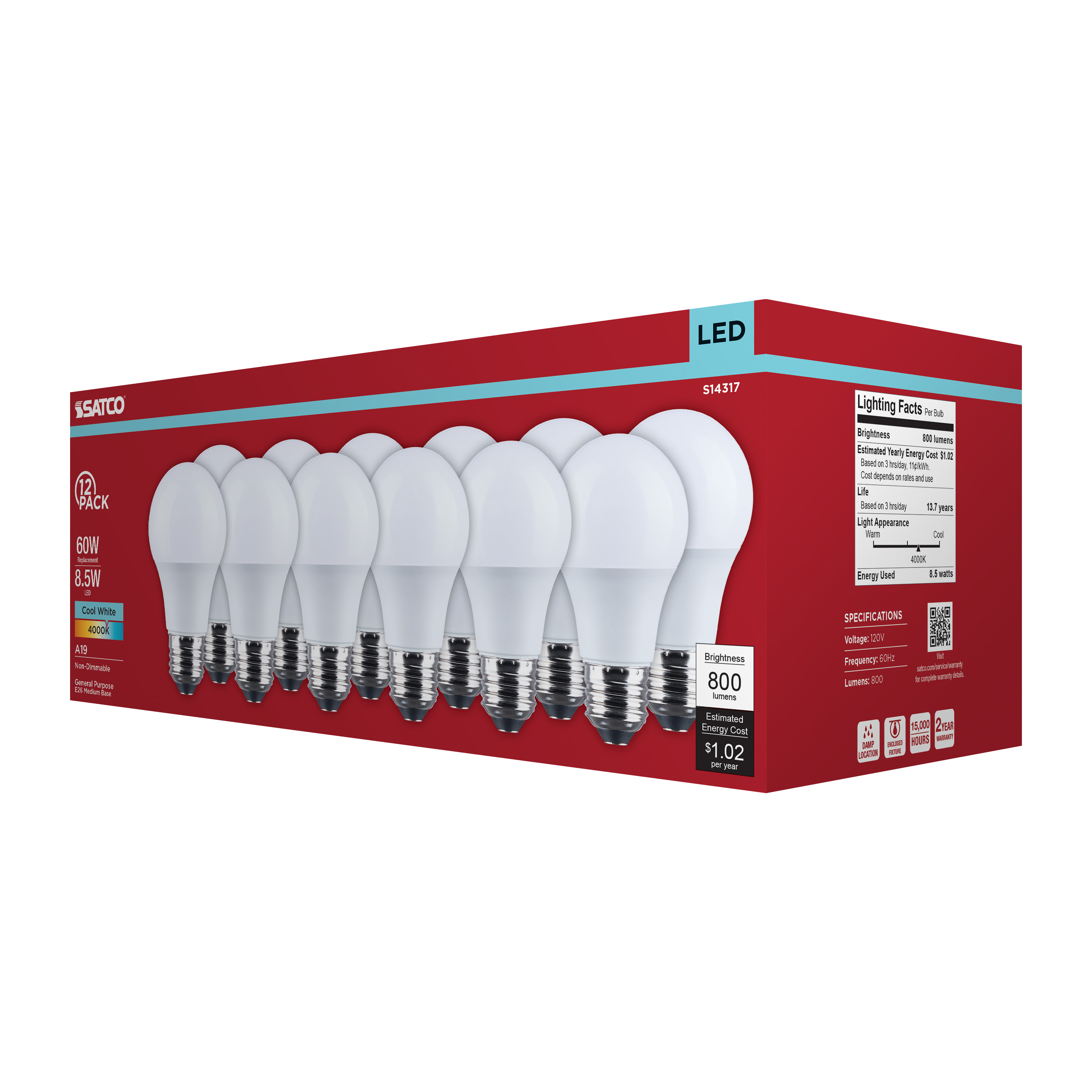 8.5A19L/840/E26/P/ND/12PK - S14317