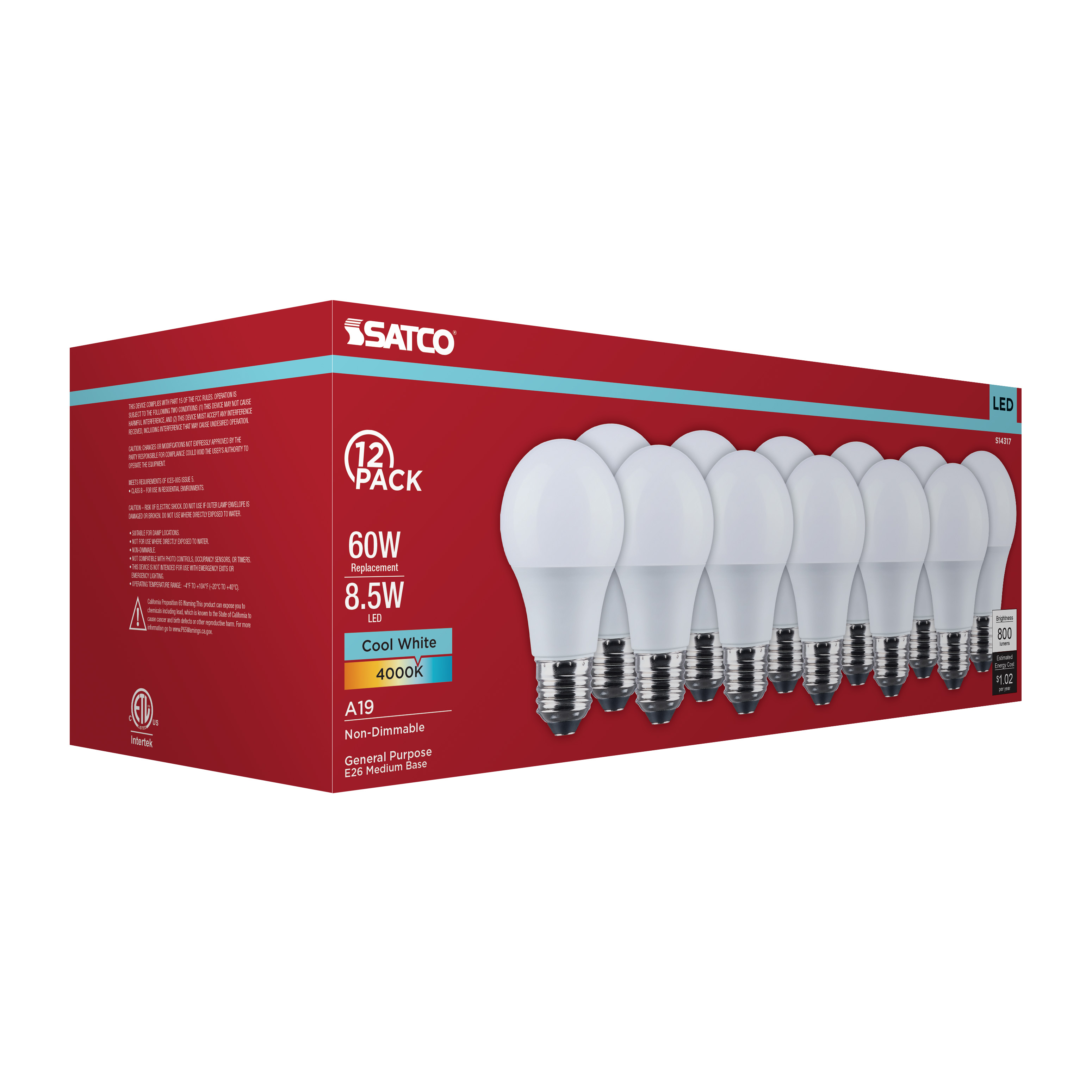 8.5A19L/840/E26/P/ND/12PK - S14317