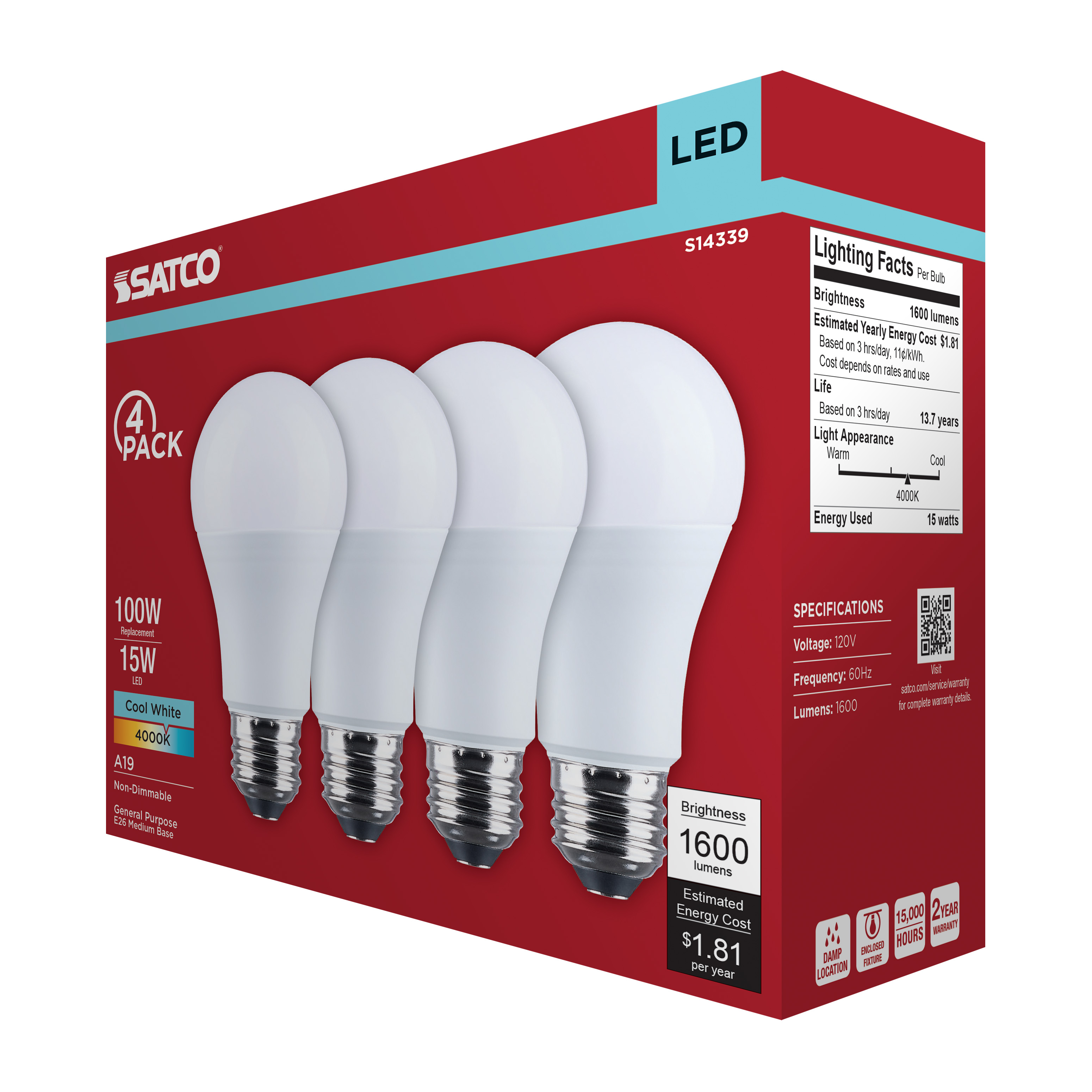 15A19L/840/E26/P/ND/4PK - S14339