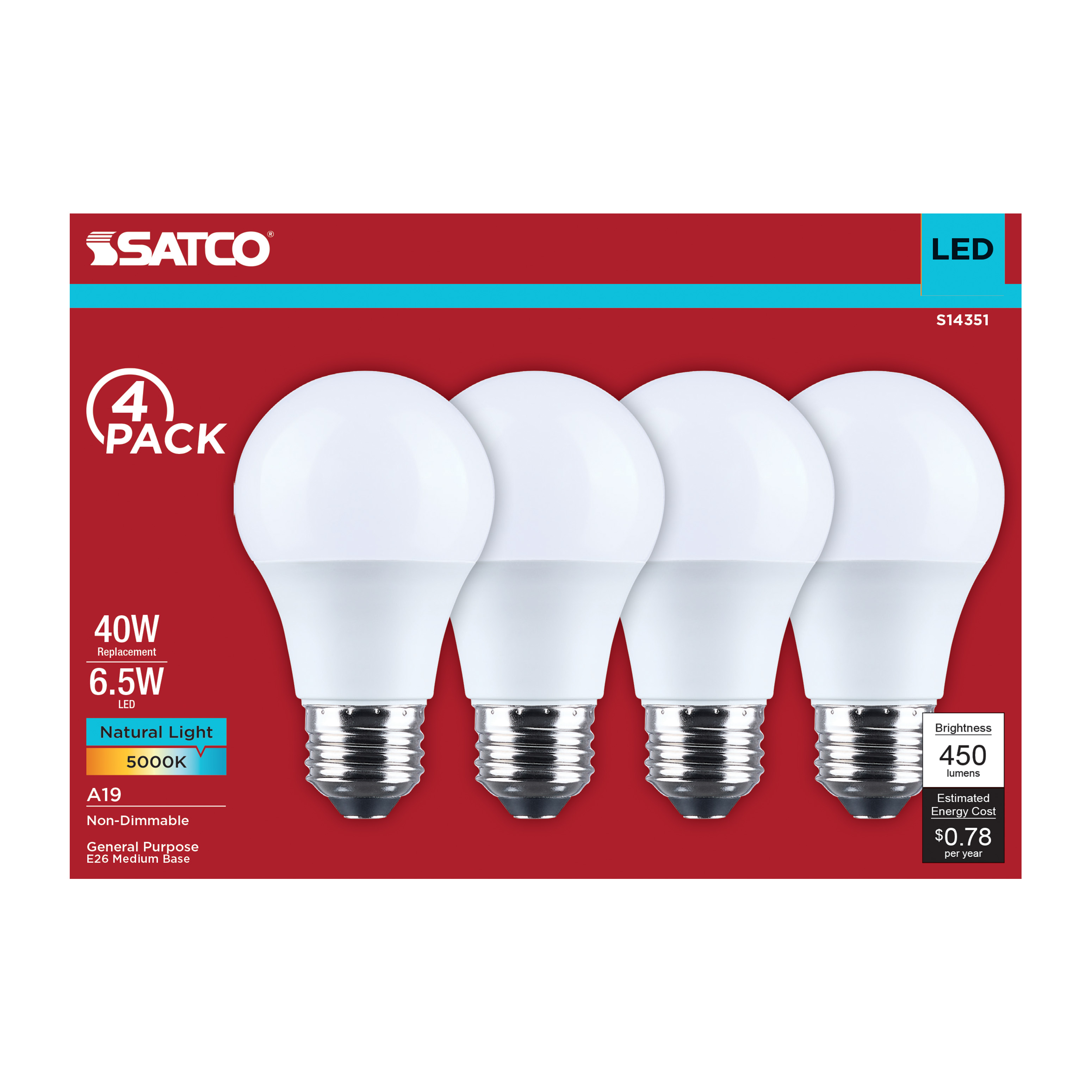 6.5A19L/950/E26/P/ND/4PK - S14351