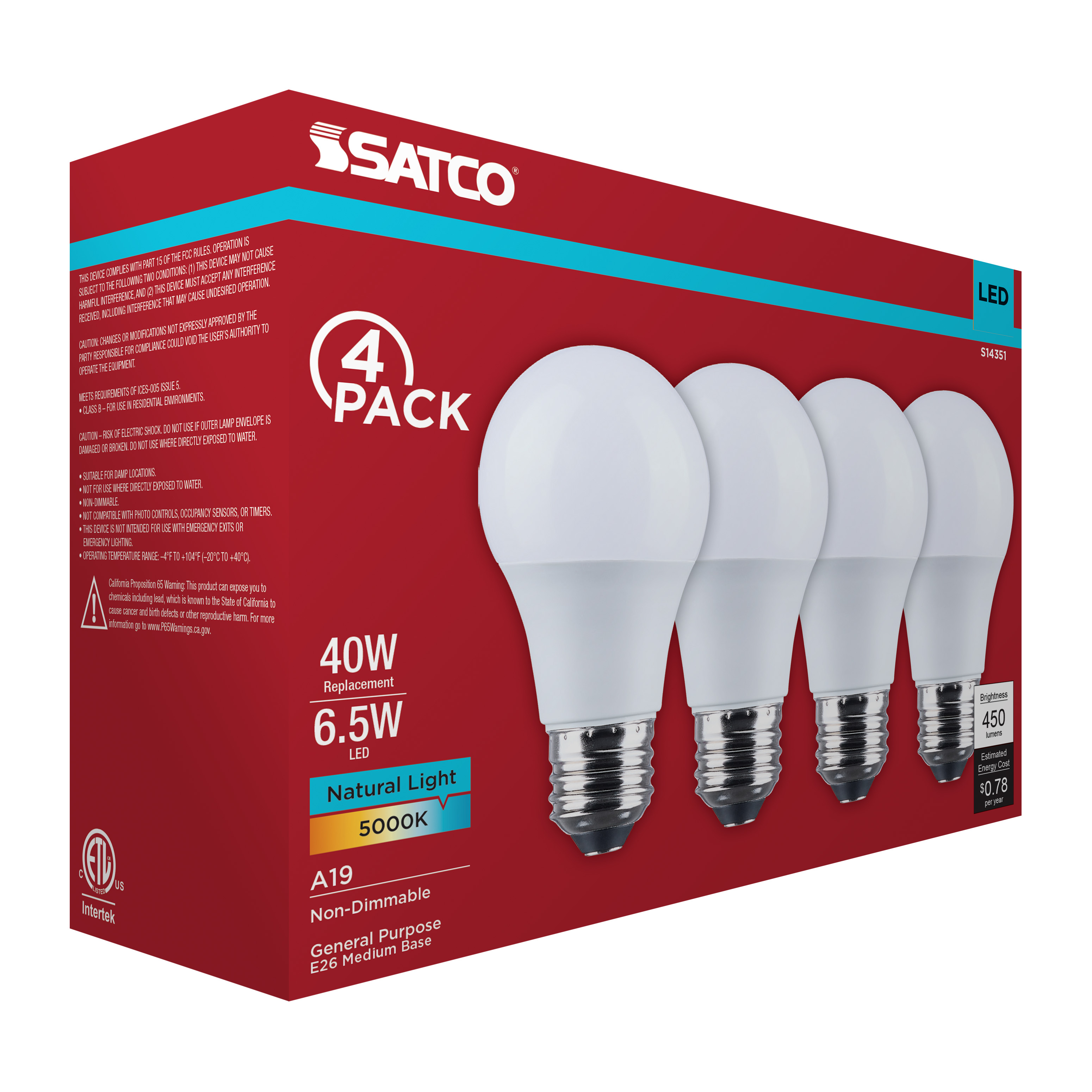 6.5A19L/950/E26/P/ND/4PK - S14351