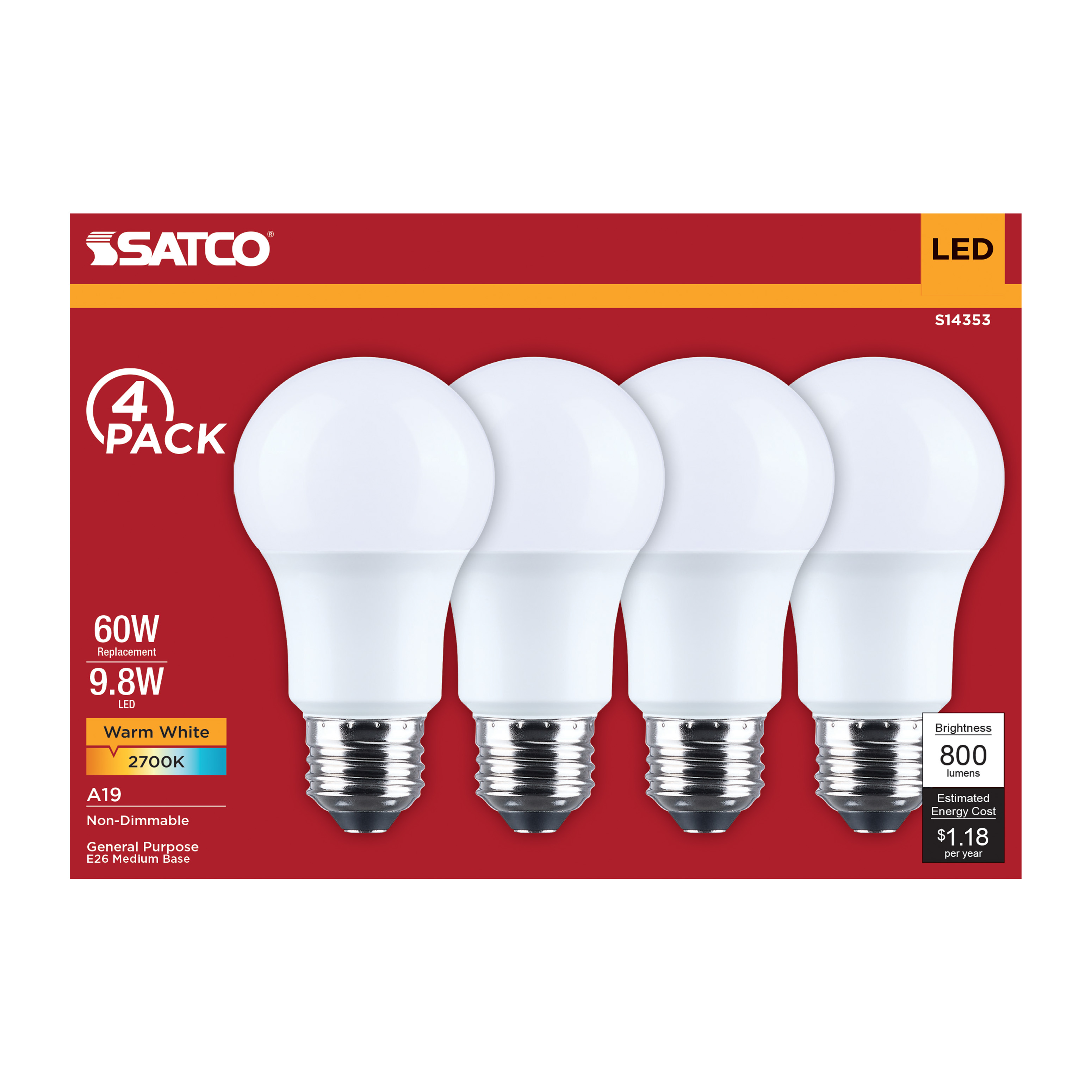 9.8A19L/927/E26/P/ND/4PK - S14353