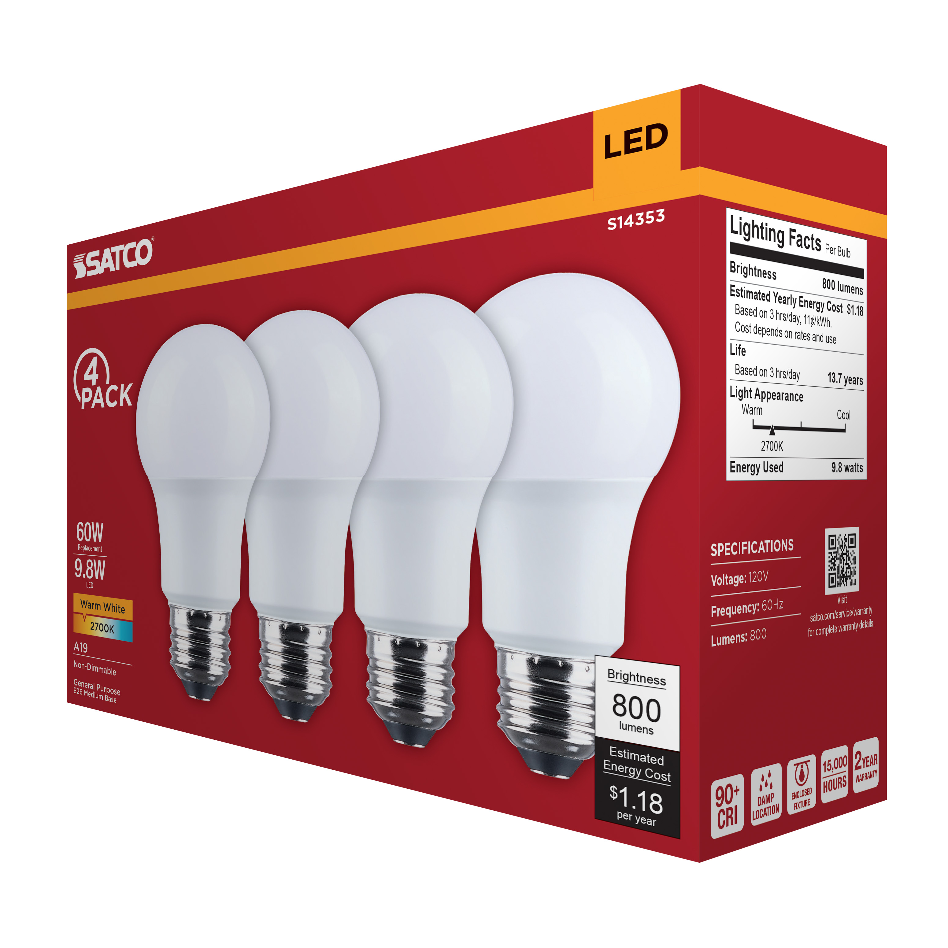 9.8A19L/927/E26/P/ND/4PK - S14353