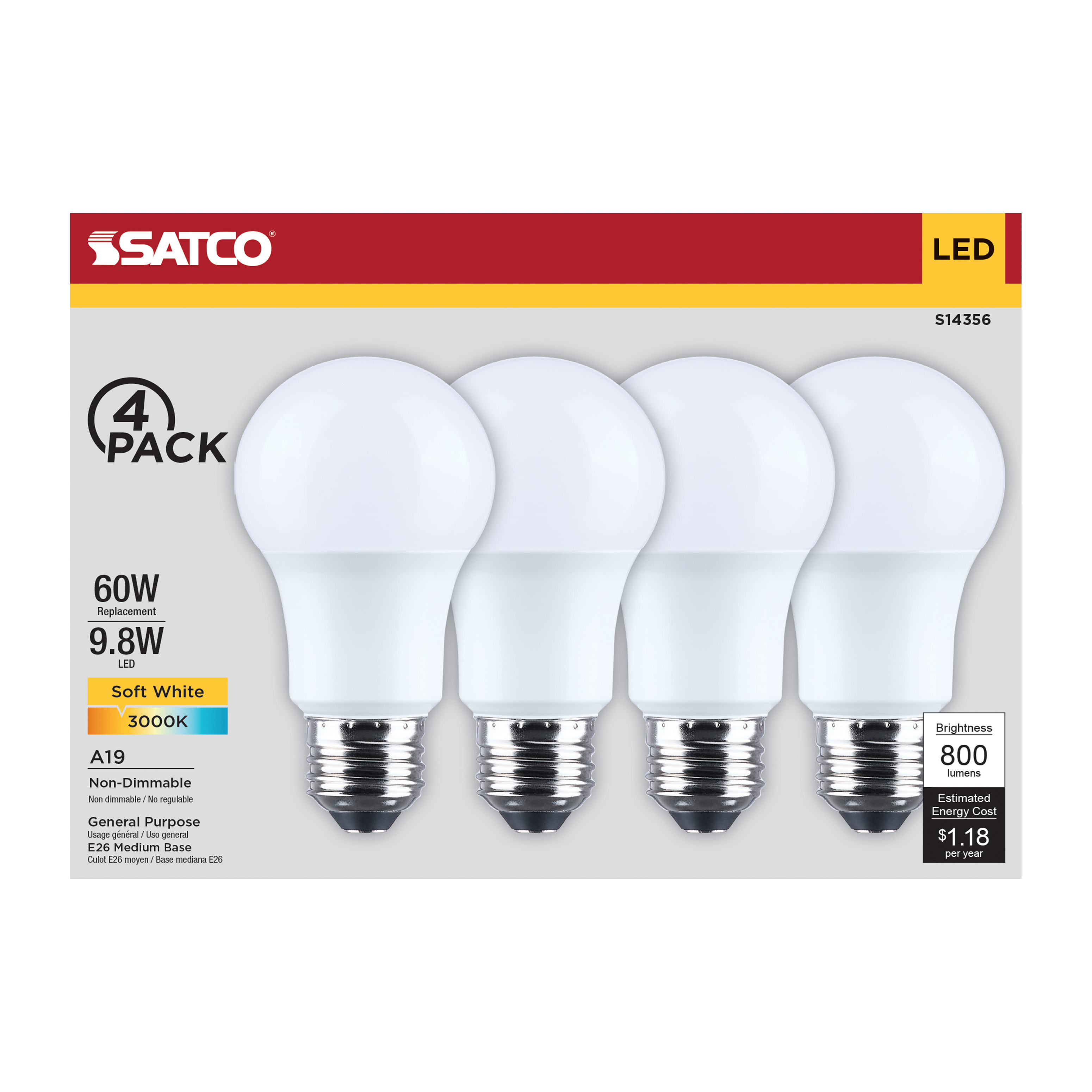 9.8A19L/930/E26/P/ND/4PK - S14356