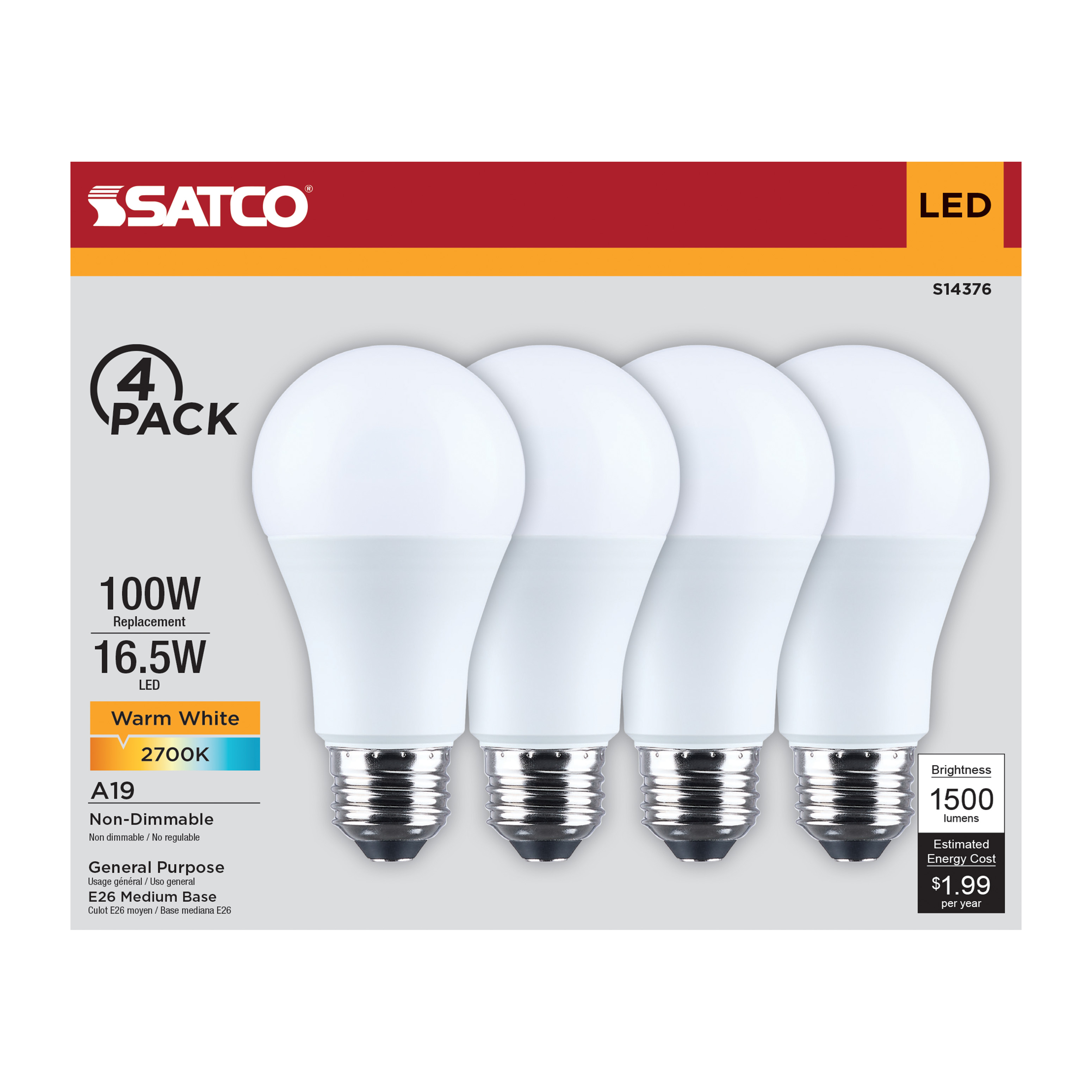 16.5A19L/927/E26/P/ND/4PK - S14376