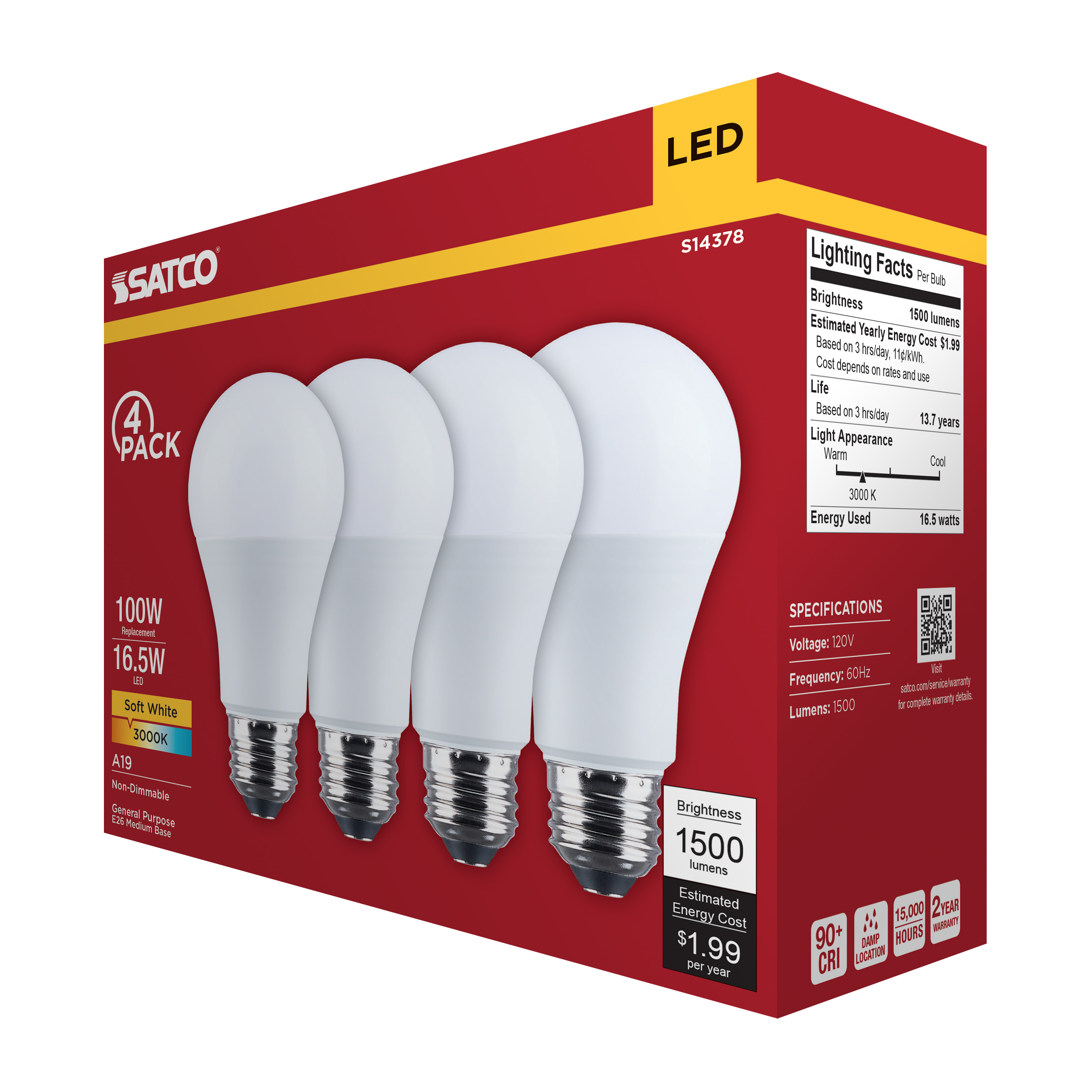 16.5A19L/930/E26/P/ND/4PK - S14378