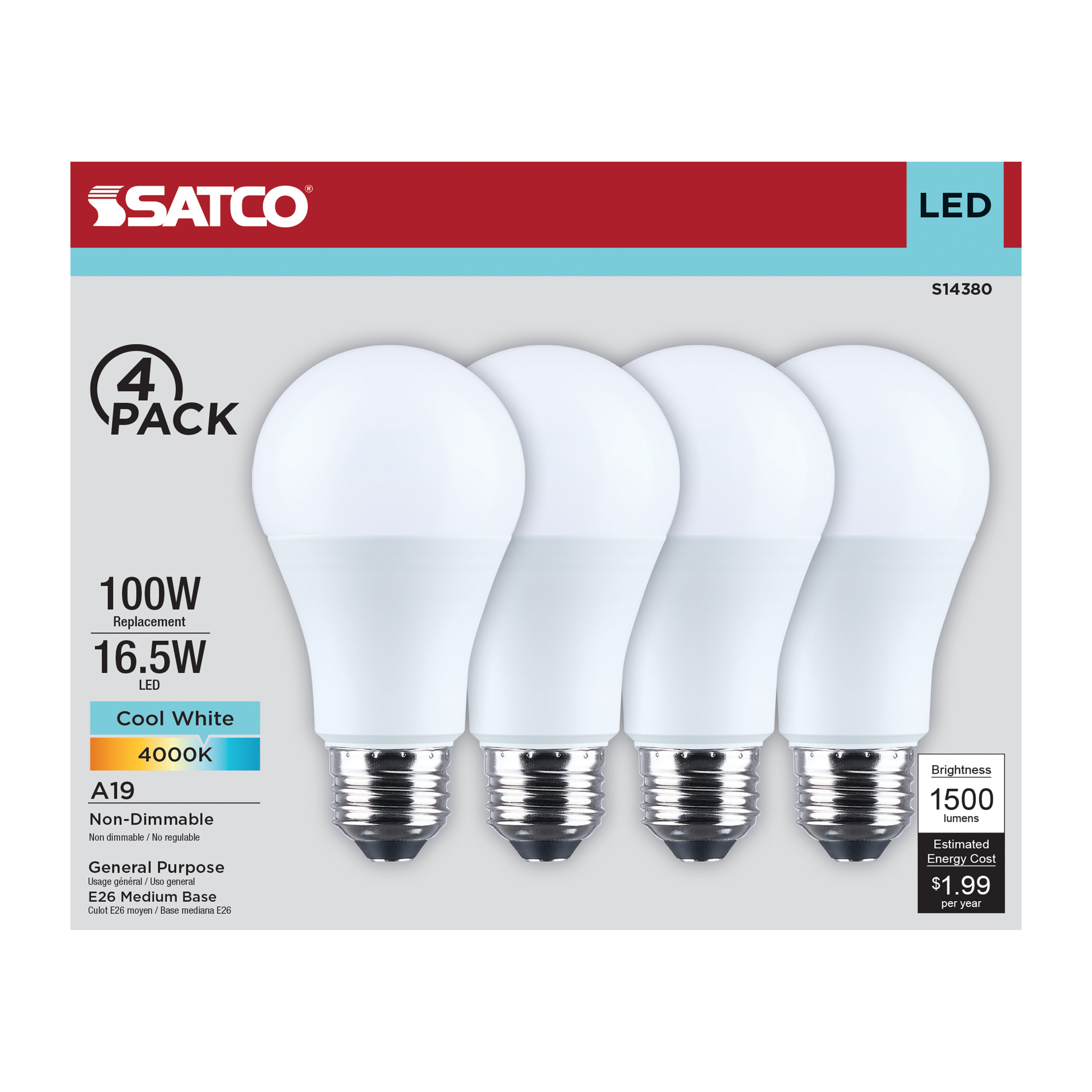 16.5A19L/940/E26/P/ND/4PK - S14380