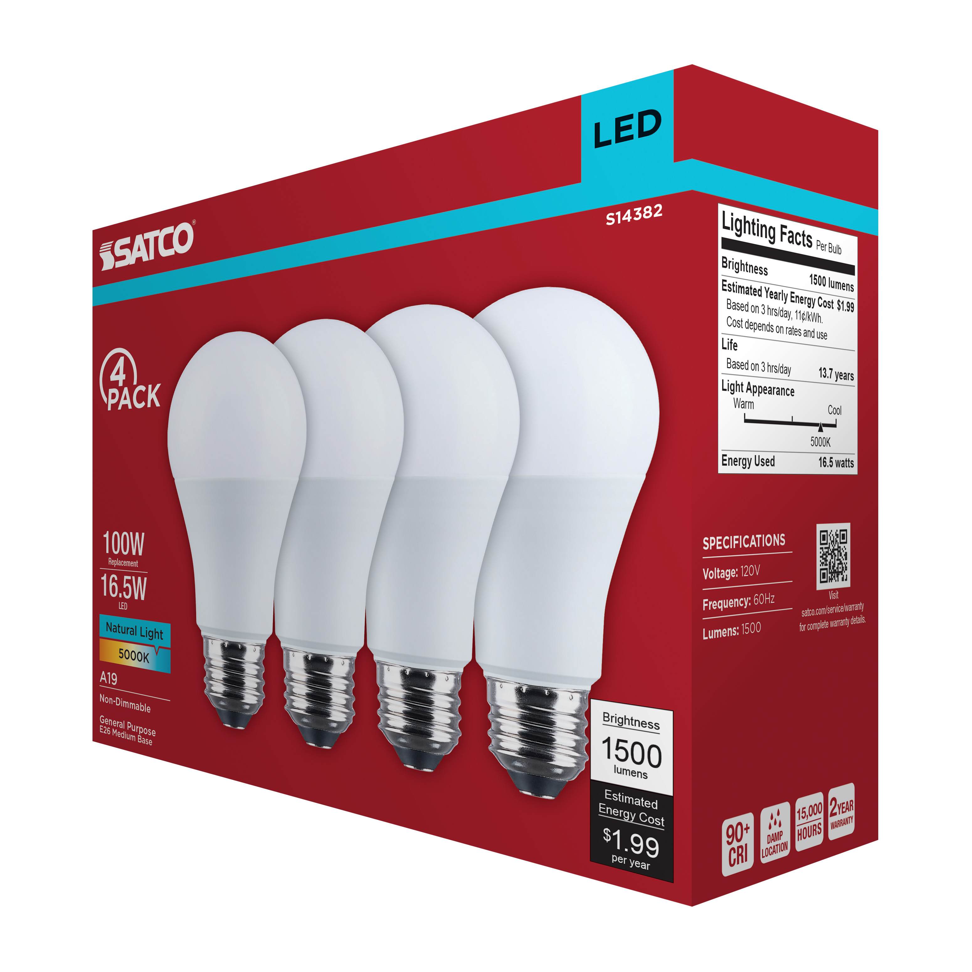 16.5A19L/950/E26/P/ND/4PK - S14382