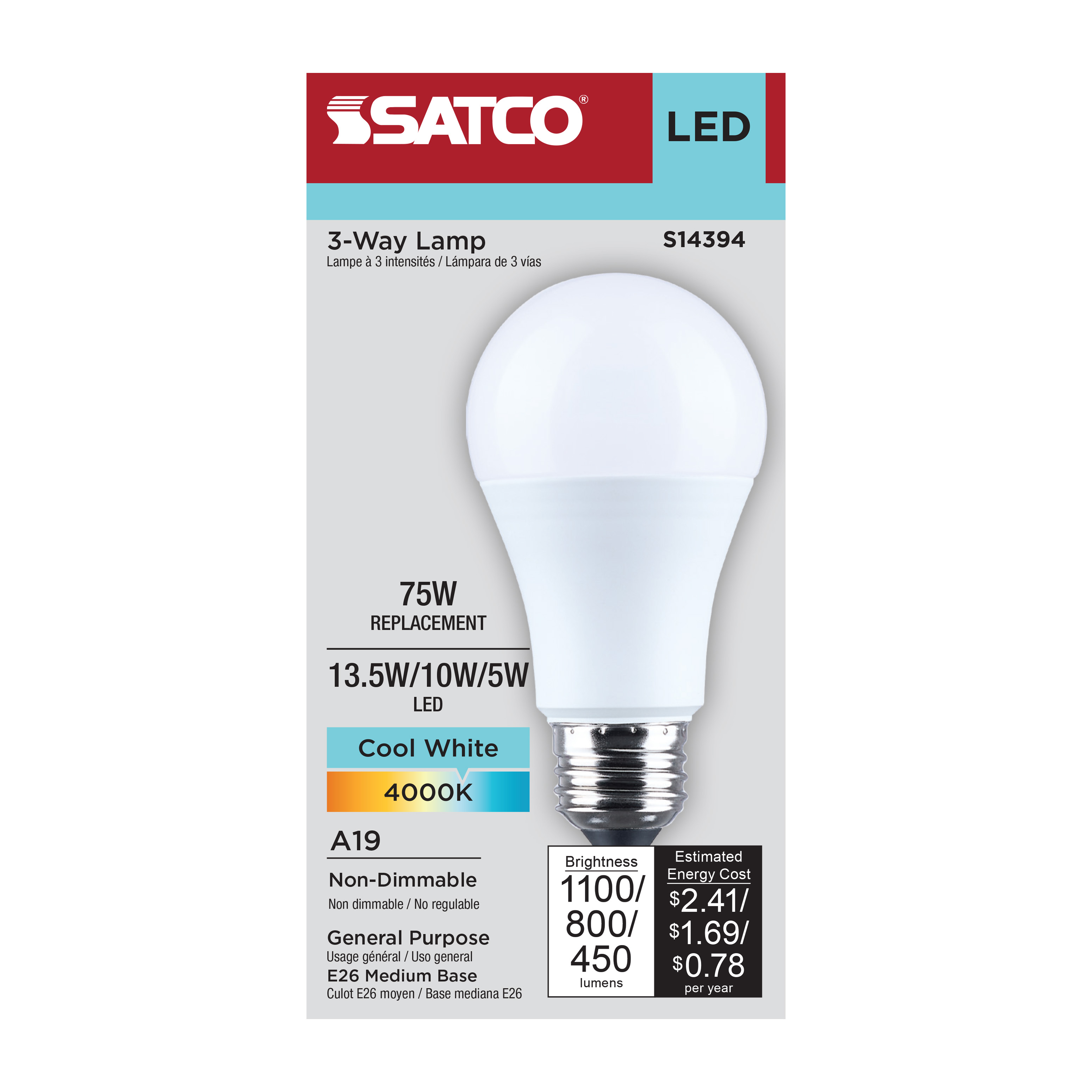 13.5SA19/840/E26D/P/ND/3WY/1PK - S14394
