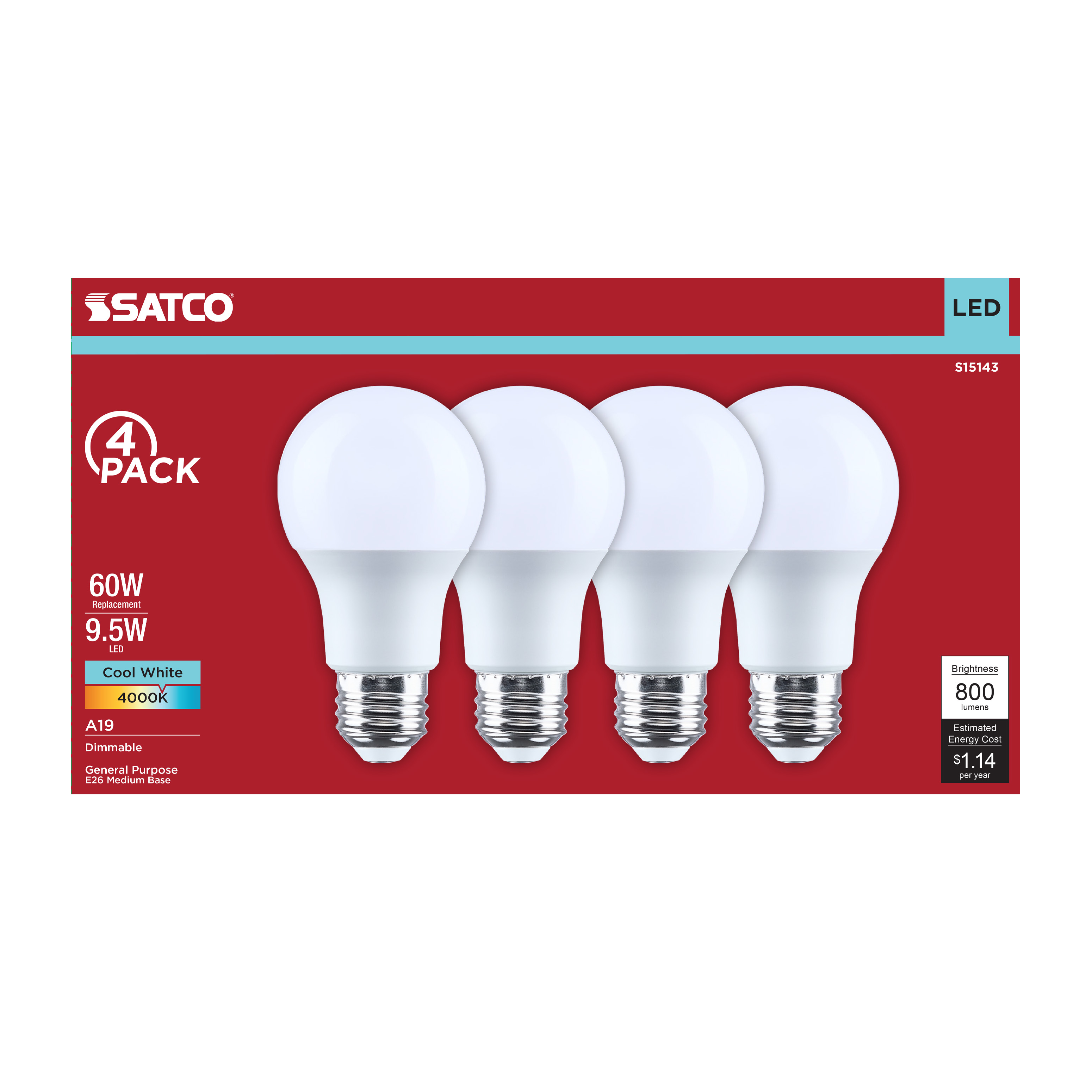9.5A19L/840/E26/P/D/4PK - S15143