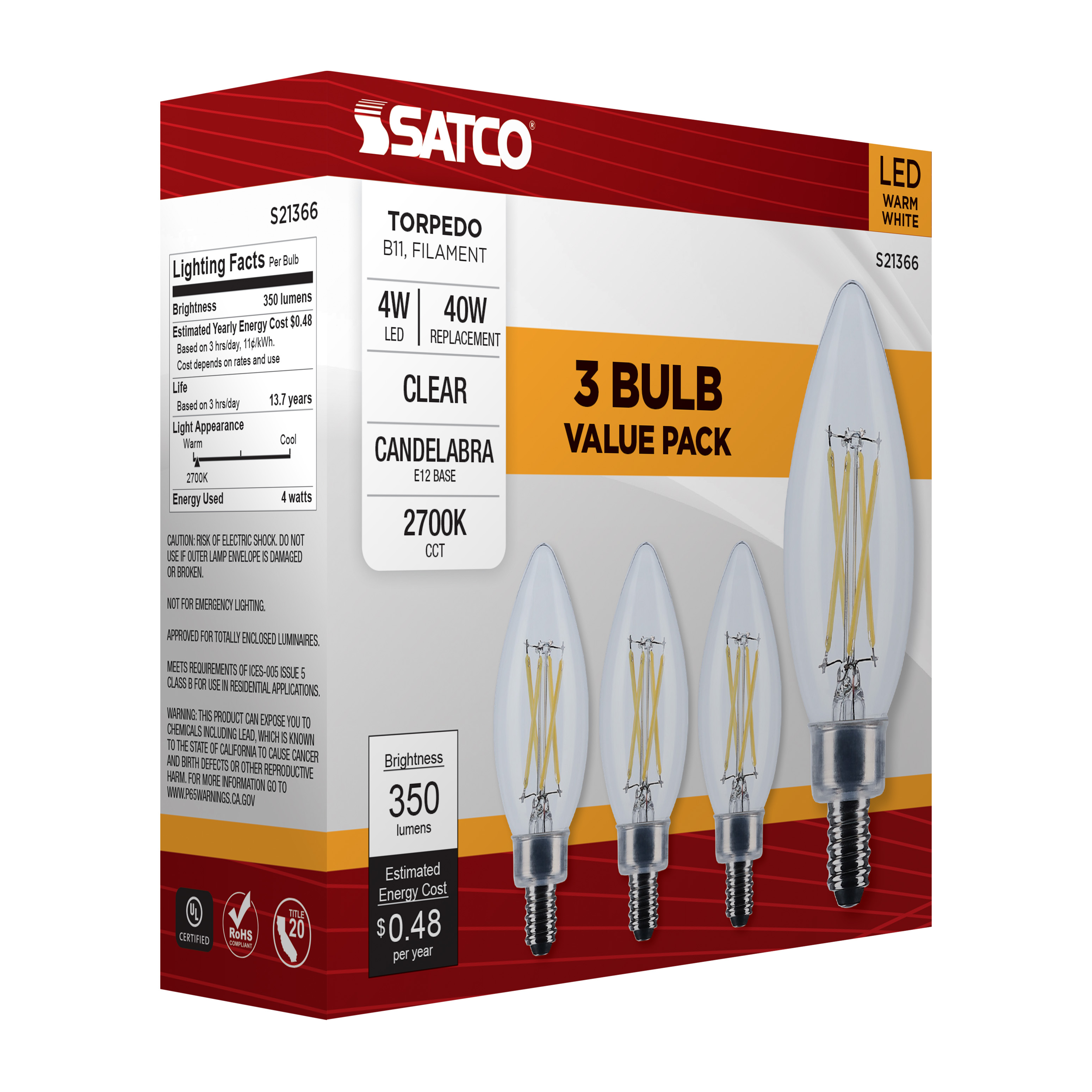 S21366 4B11/LED/927/CL/120V/E12/3PK