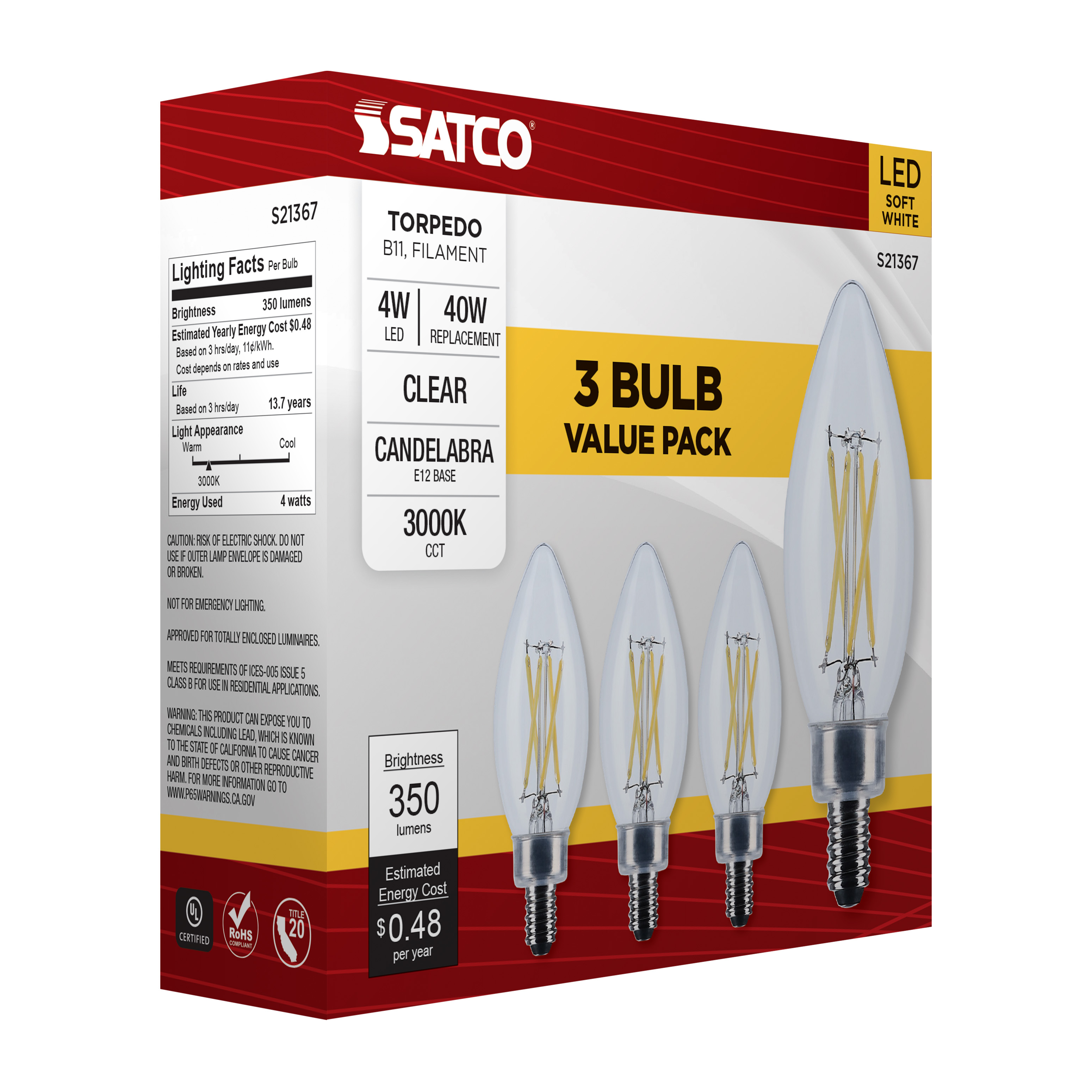 4B11/LED/930/CL/120V/E12/3PK - S21367