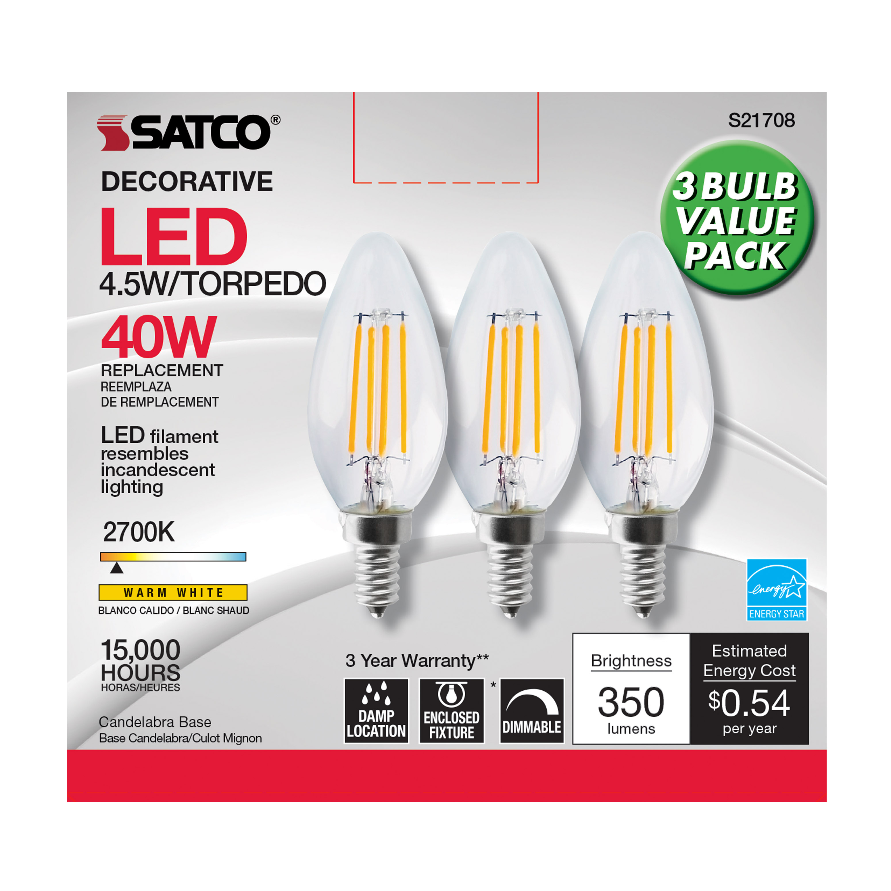 4.5W CTC/LED/27K/CL/120V/3PK - S21708