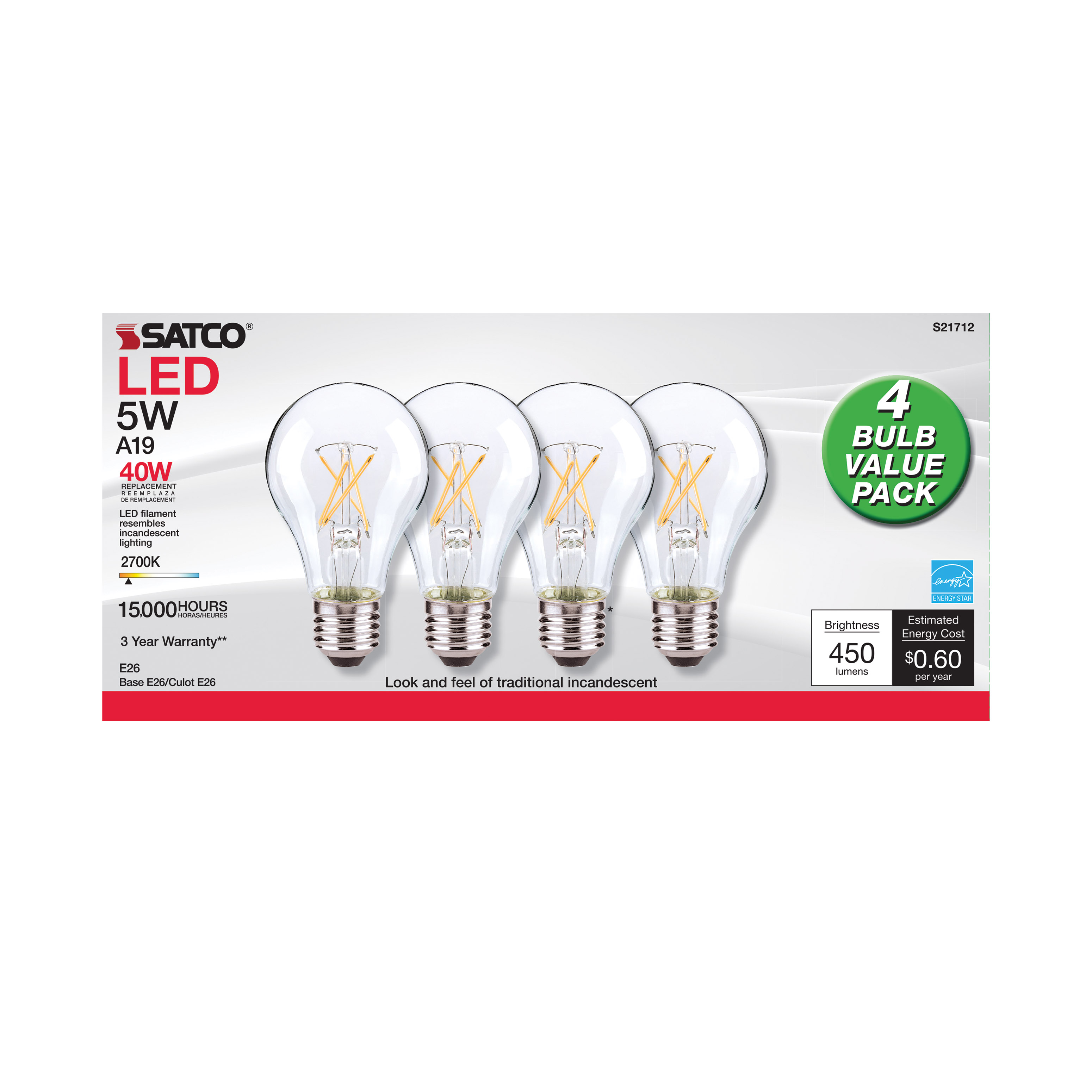 5A19/CL/LED/E26/27K/120V/4PK - S21712