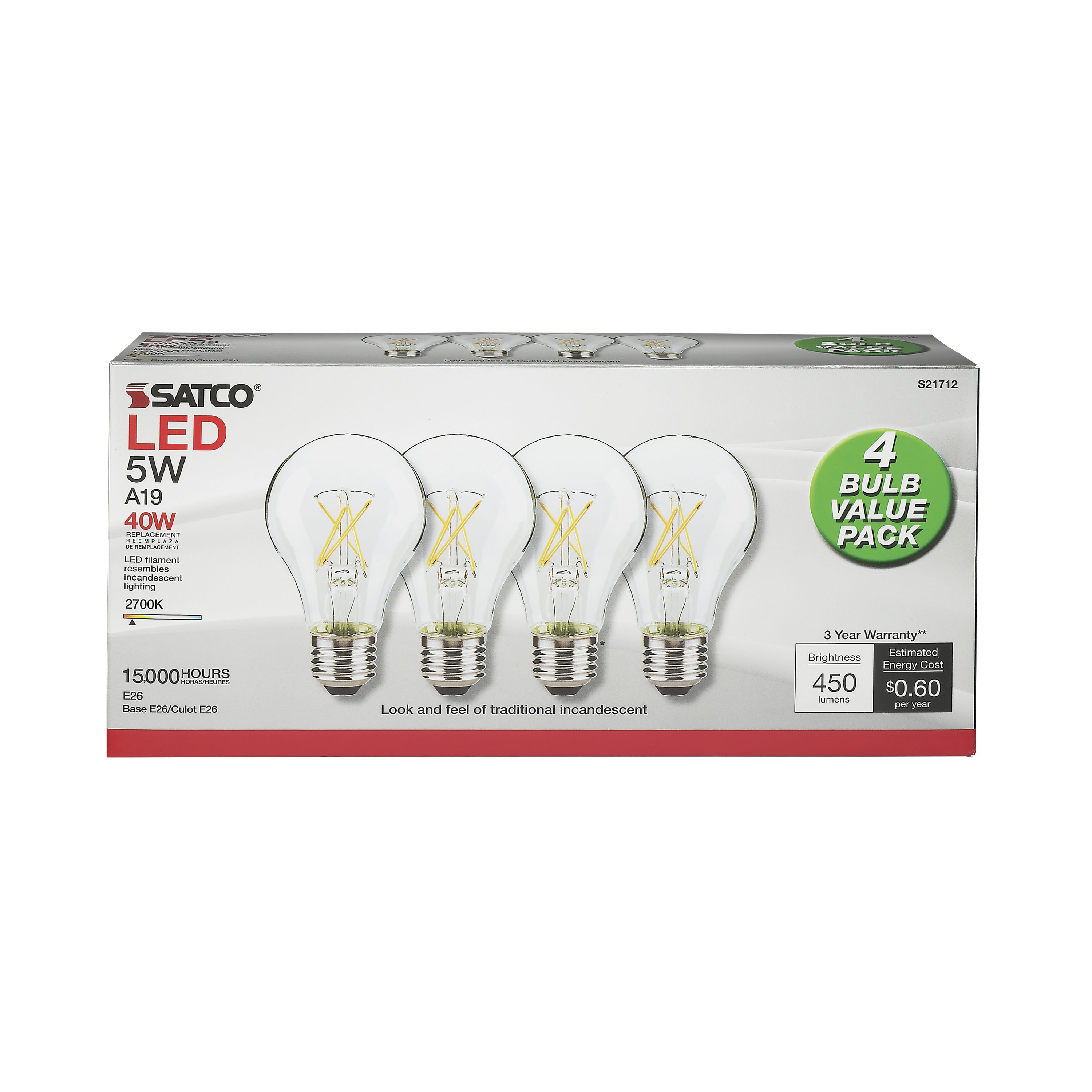 5A19/CL/LED/E26/27K/120V/4PK - S21712