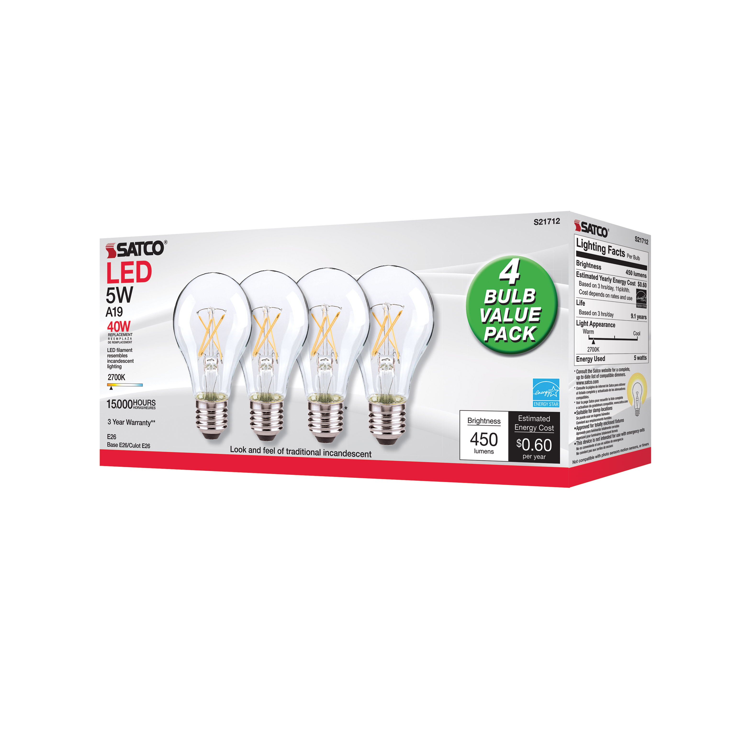 5A19/CL/LED/E26/27K/120V/4PK - S21712
